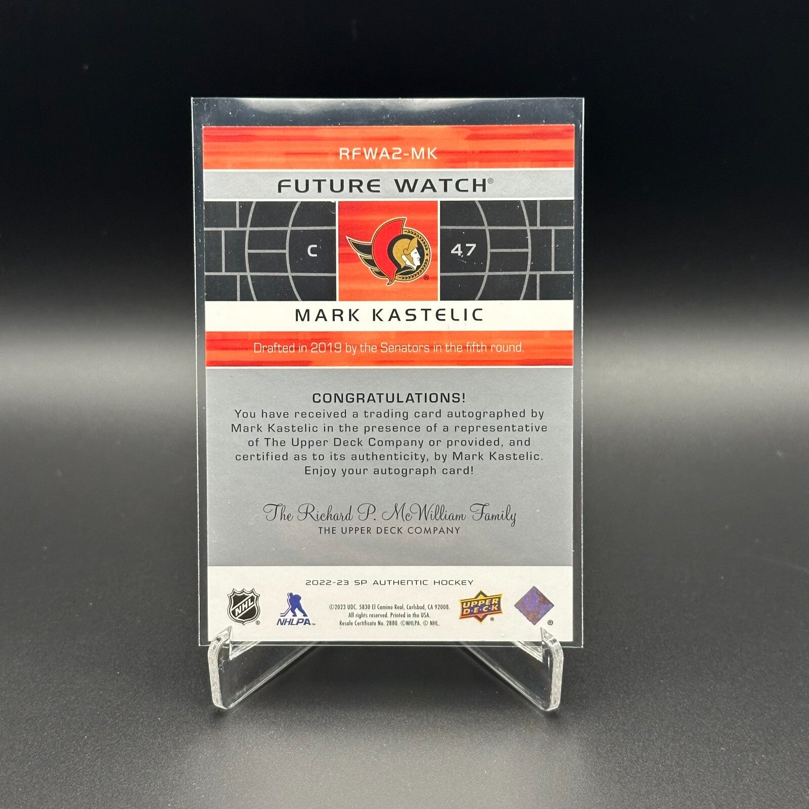 2022-23 UD SP Authentic MARK KASTELIC #RFWA2-MK Retro Future Watch AUTO /399