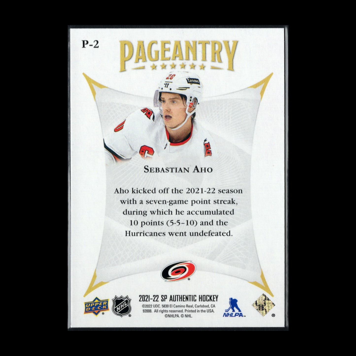 2021-22 UD SP Authentic SEBASTIAN AHO #P-2 Pageantry - Carolina Hurricanes