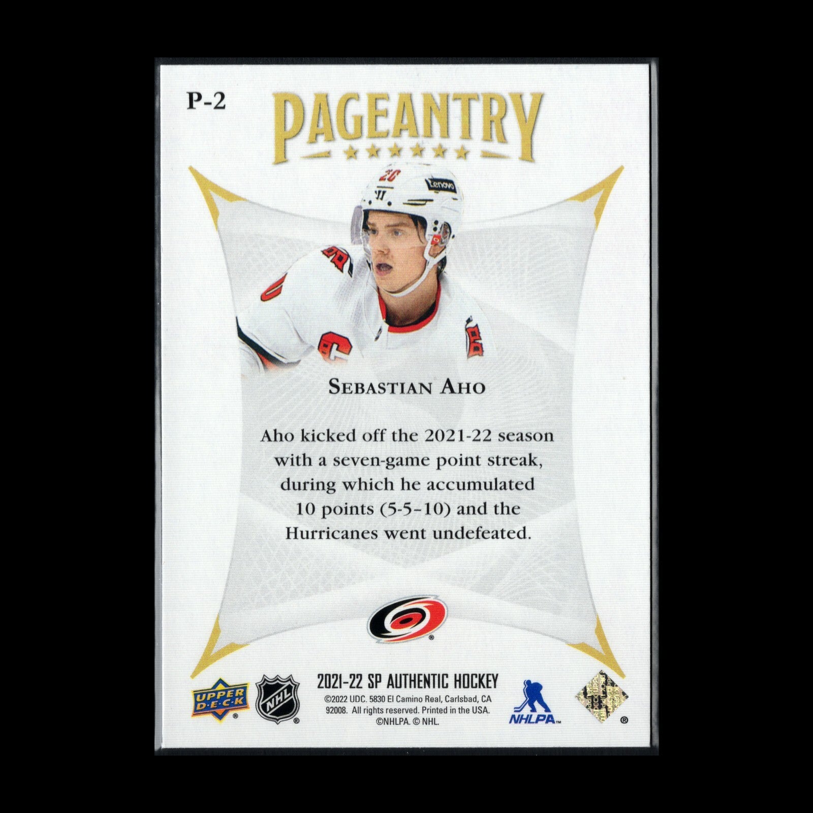 2021-22 UD SP Authentic SEBASTIAN AHO #P-2 Pageantry - Carolina Hurricanes