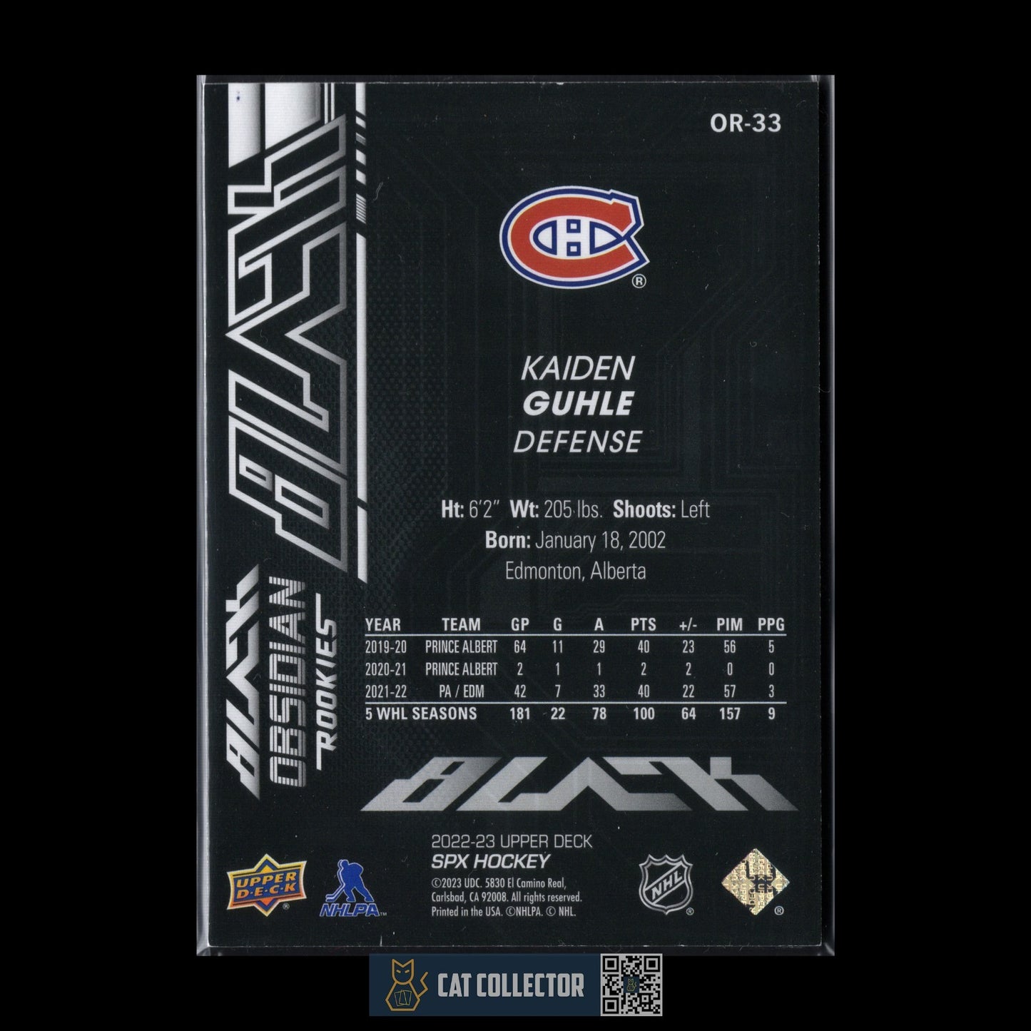 2022-23 UD SPx KAIDEN GUHLE #OR-33 Black Obsidian Rookies RC /499