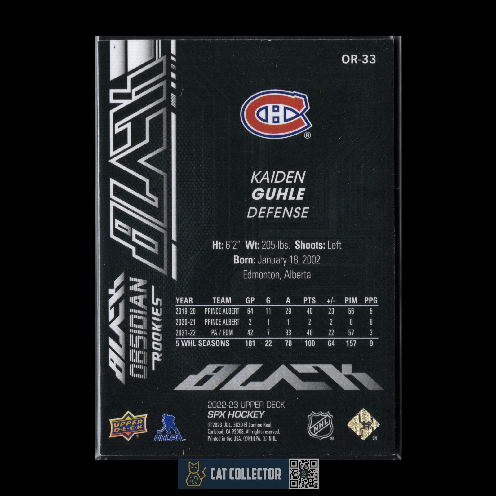 2022-23 UD SPx KAIDEN GUHLE #OR-33 Black Obsidian Rookies RC /499