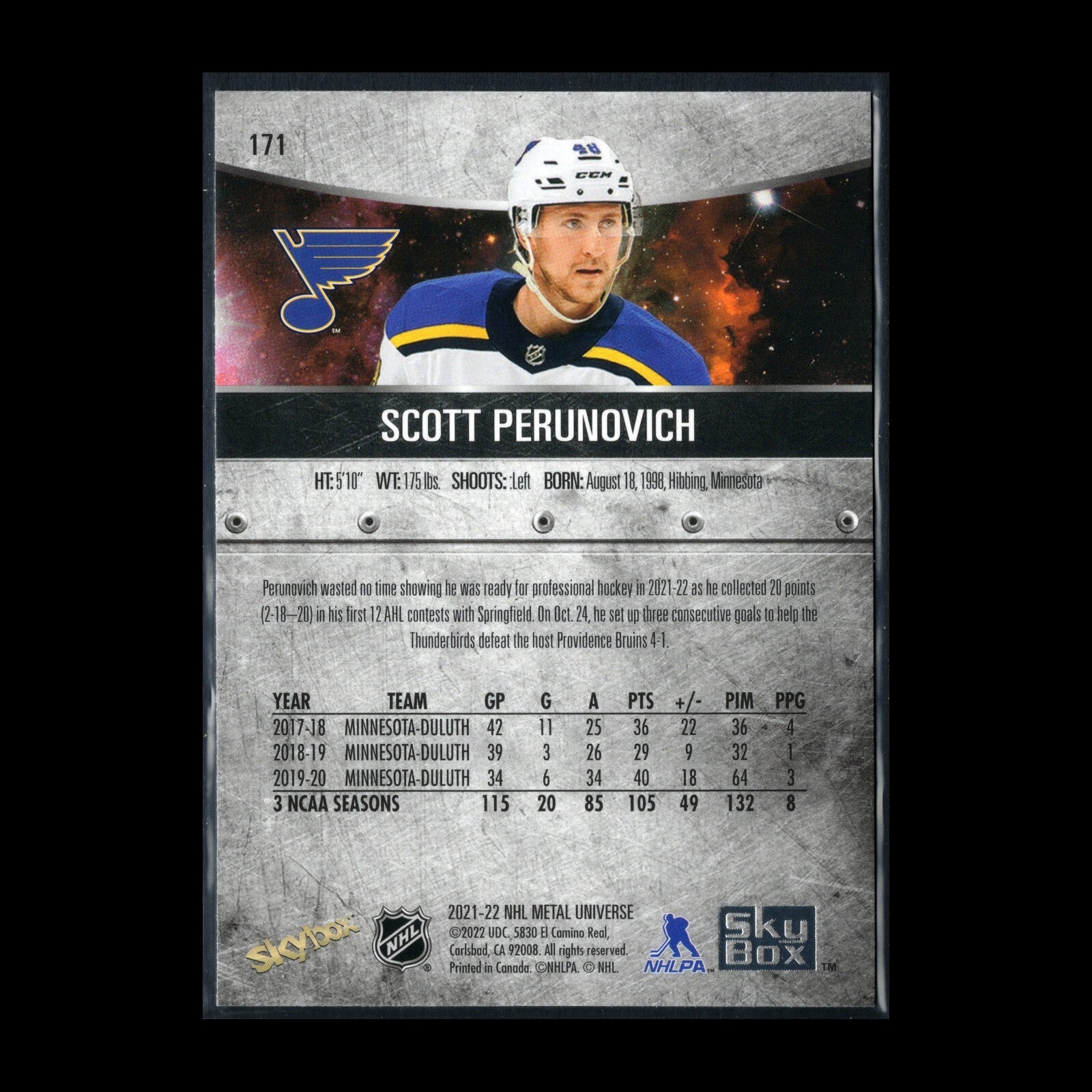 2021-22 SkyBox Metal Universe SCOTT PERUNOVICH #171 Rookie RC - St. Louis Blues