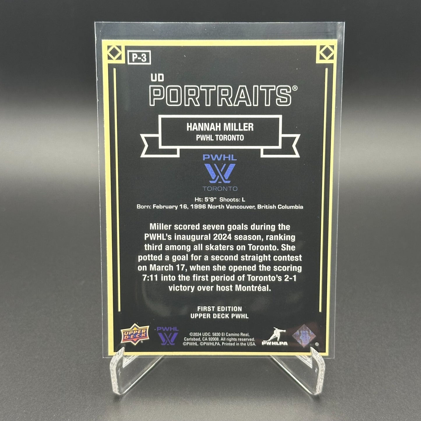 2024-25 UD PWHL HANNAH MILLER #P-3 UD Portraits - 1st EDITION!