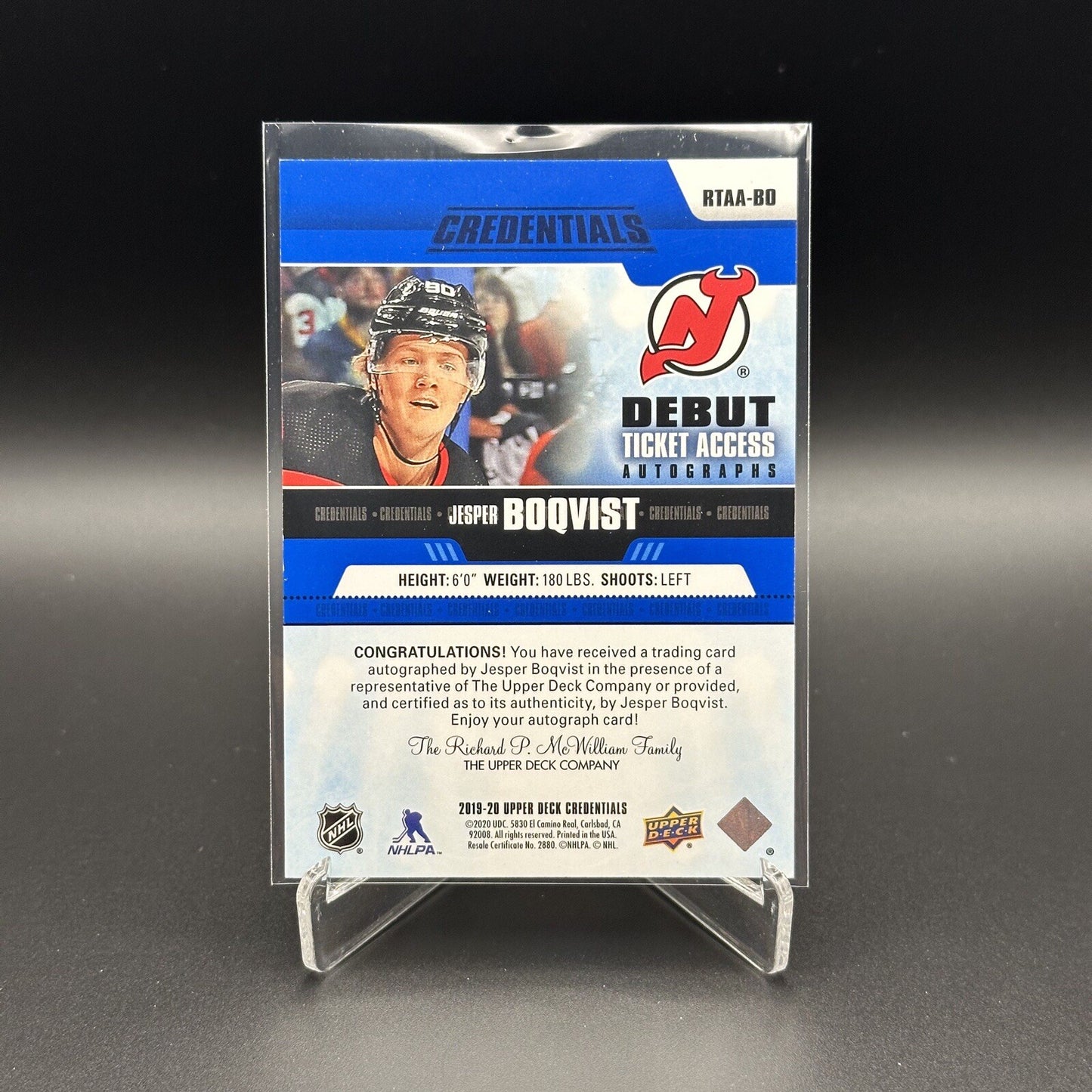 2019-20 UD Credentials JESPER BOQVIST #RTAA-BO Debut Ticket Access AUTO /299