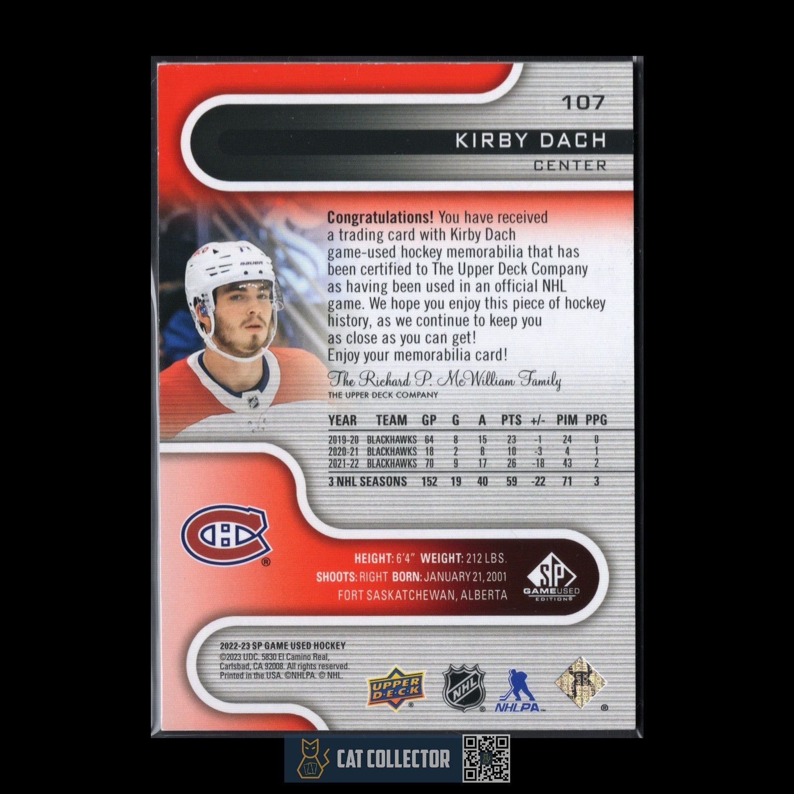 2022-23 UD SP Game Used KIRBY DACH #107 Jersey - Montreal Canadiens