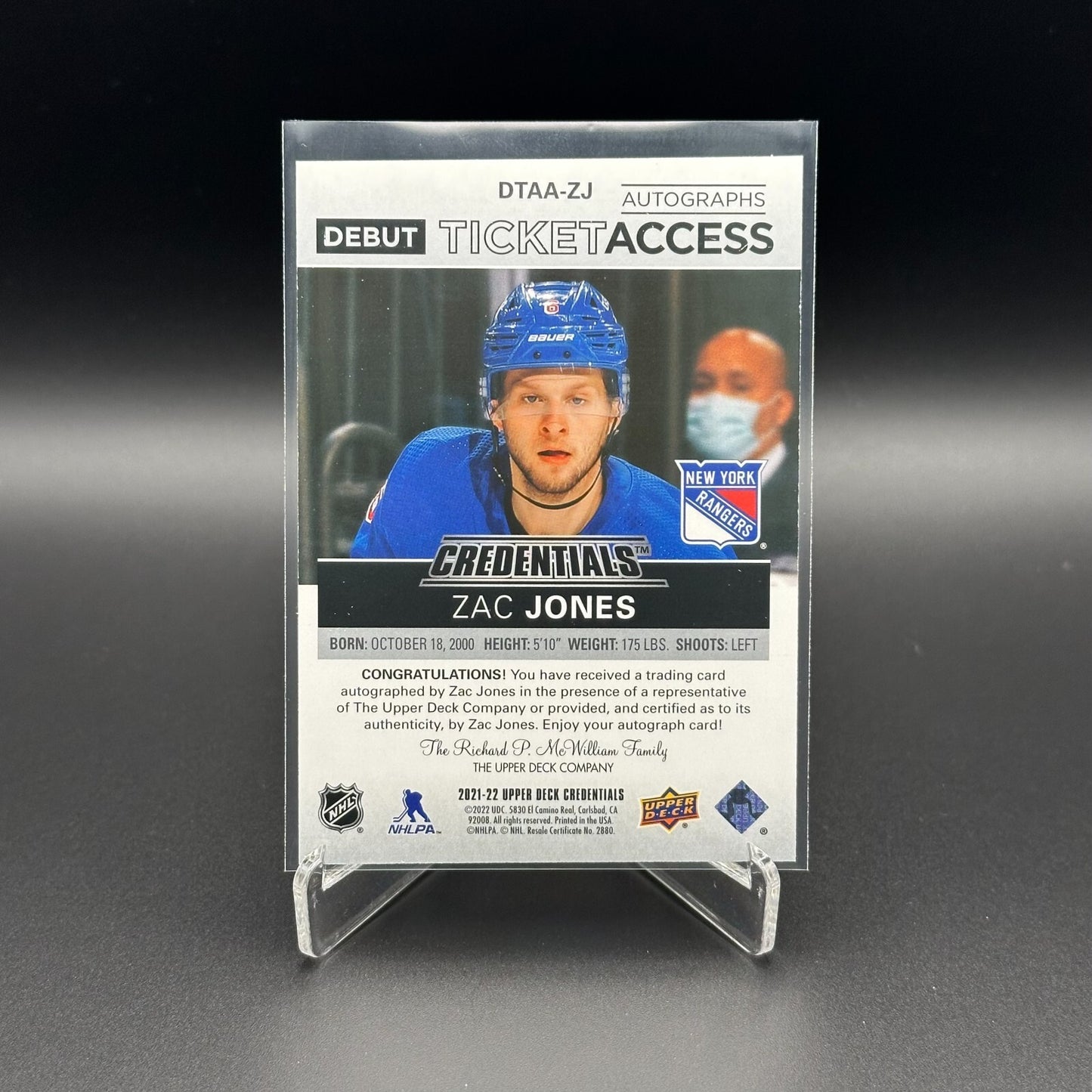 2021-22 UD Credentials ZAC JONES #DTAA-ZJ Debut Ticket Access Autographs RC /299