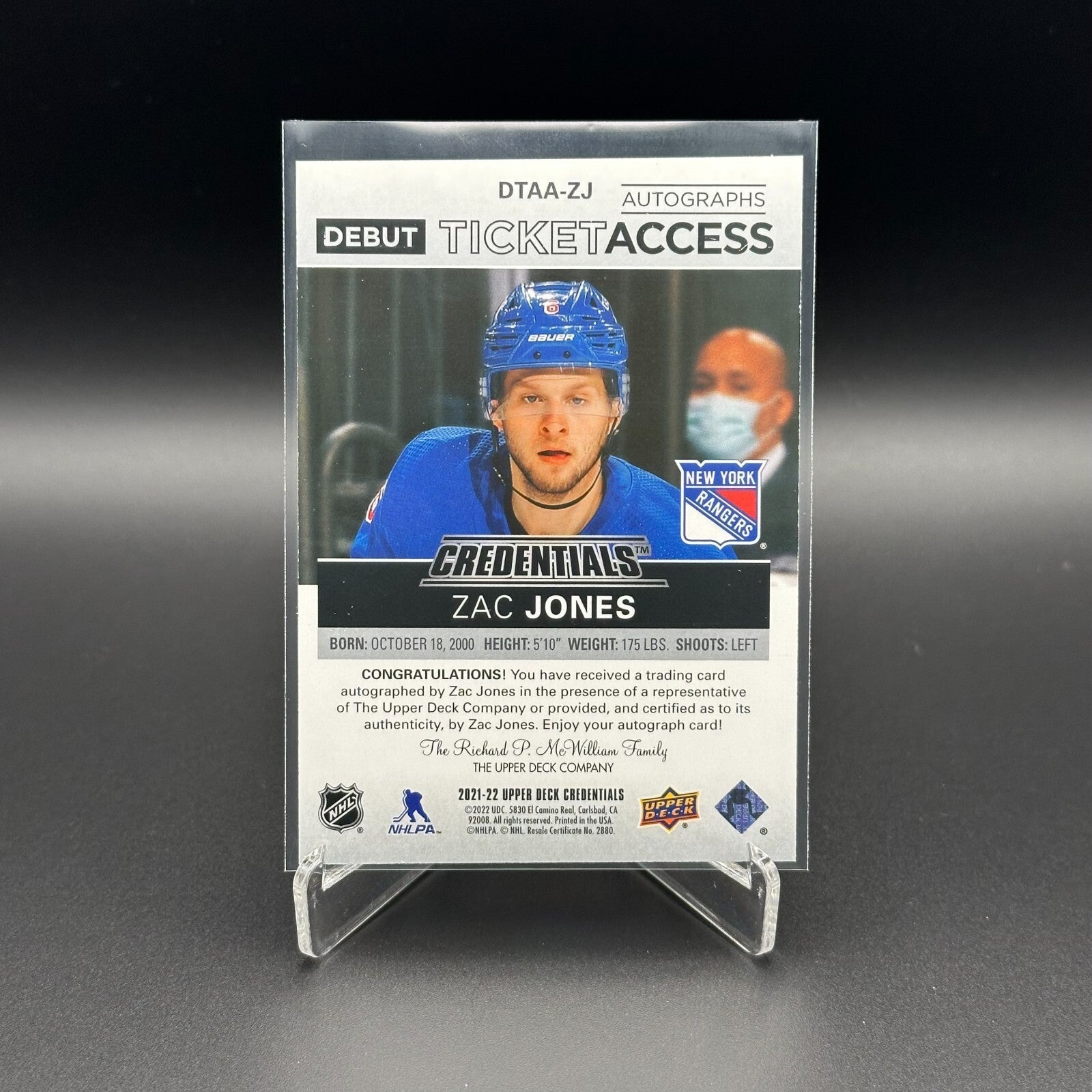 2021-22 UD Credentials ZAC JONES #DTAA-ZJ Debut Ticket Access Autographs RC /299
