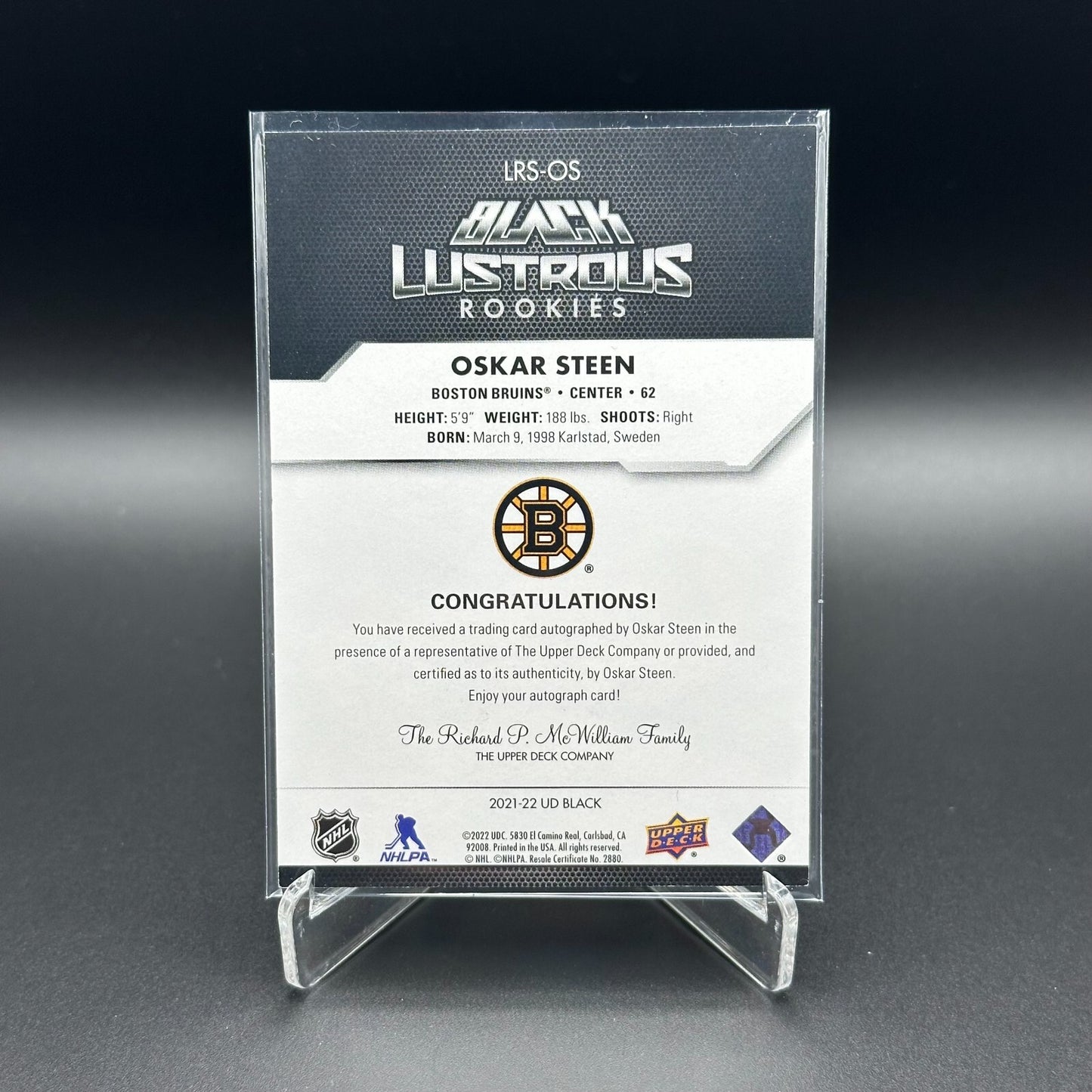 2021-22 UD Black Diamond OSKAR STEEN #LR-OS Lustrous Rookies RC /299 AUTO