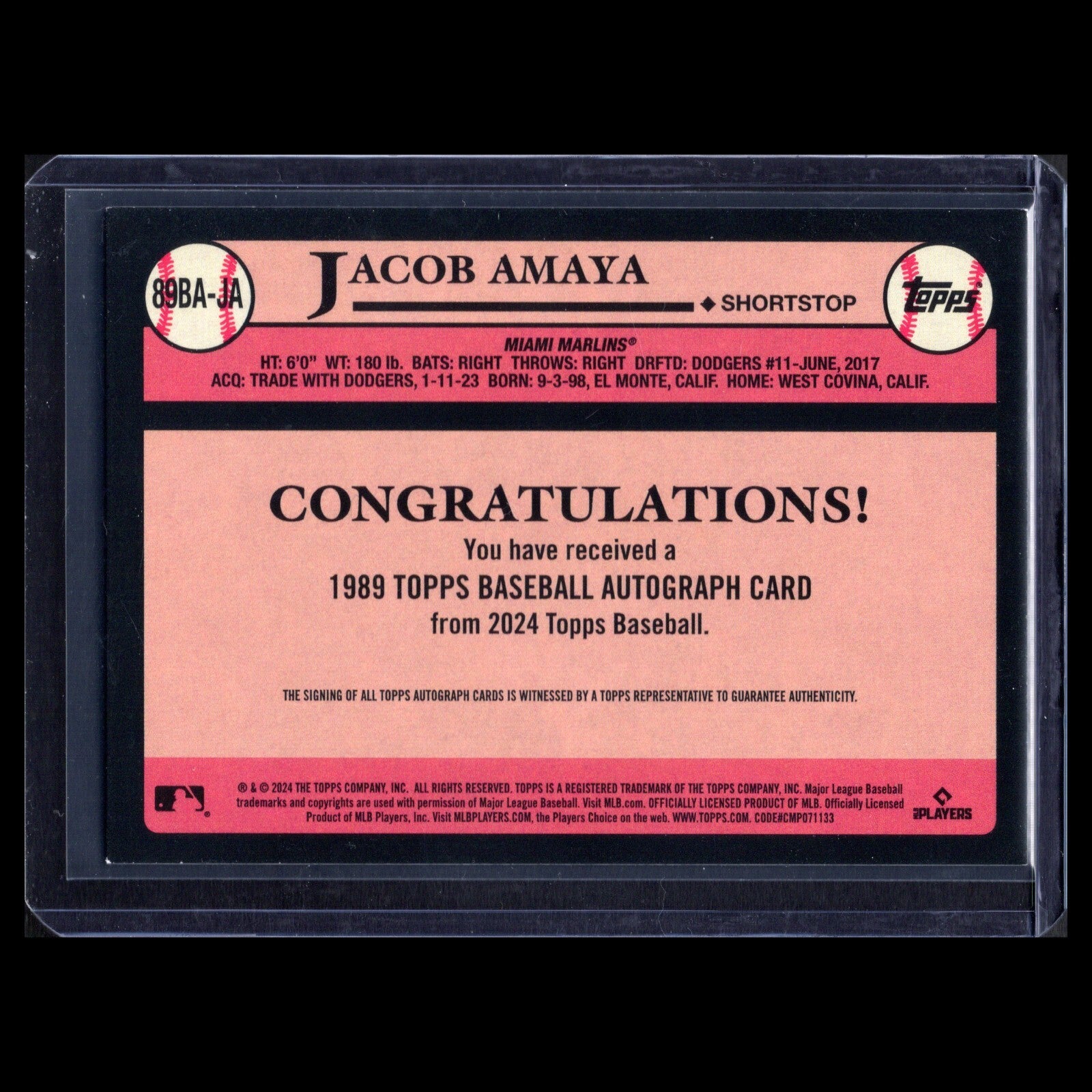 2024 Topps Series 1 JACOB AMAYA #89BA-JA Rookie Autograph