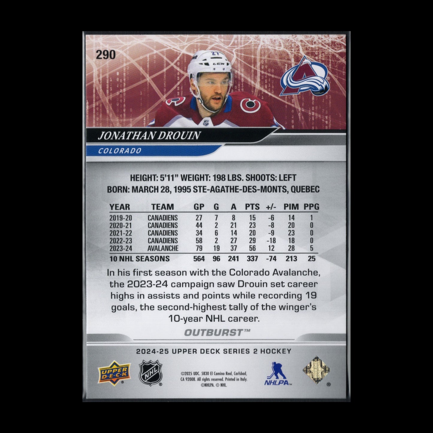 2024-25 UD Series 2 JONATHAN DROUIN #290 Outburst - Colorado Avalanche