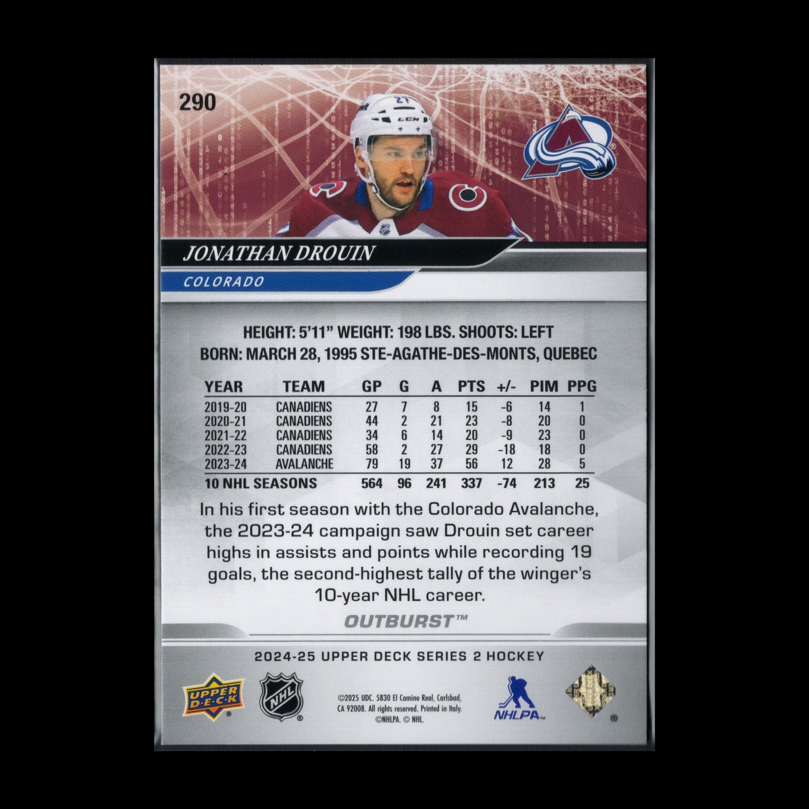 2024-25 UD Series 2 JONATHAN DROUIN #290 Outburst - Colorado Avalanche