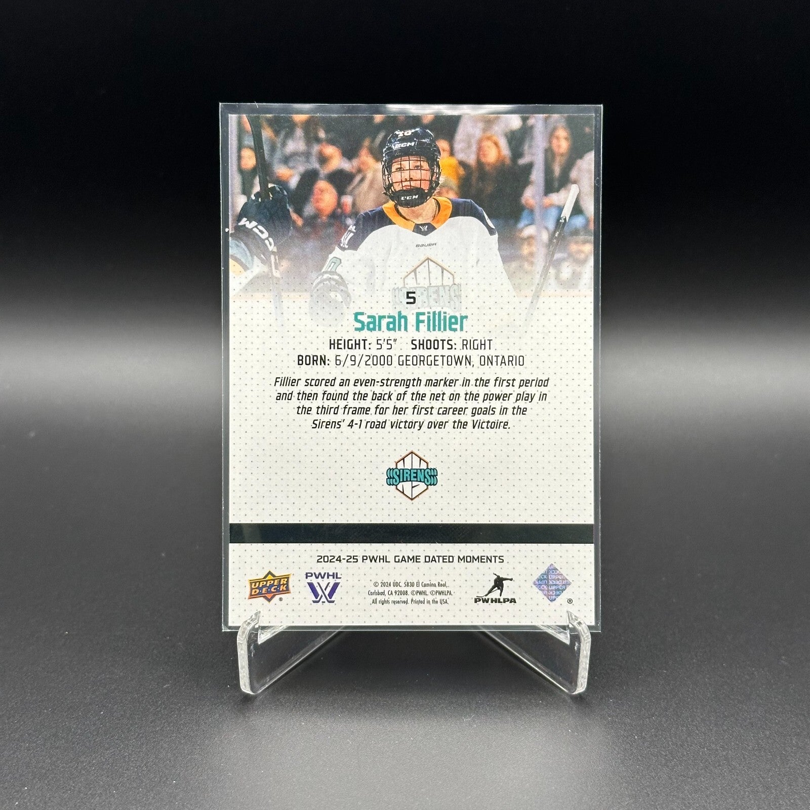 2024-25 UD PWHL Game Dated Moments SARAH FILLIER #5 Rookie RC - ONLINE EXCUSIVE!