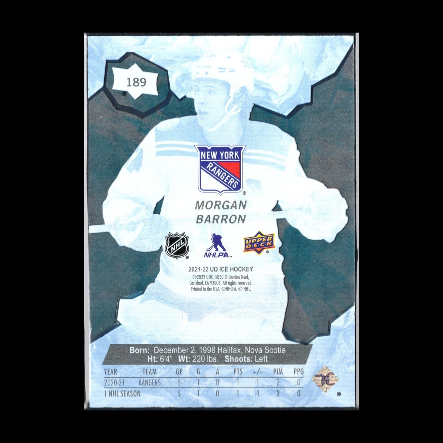 2021-22 UD Ice MORGAN BARRON #189 Ice Premieres Blue Rookie 312/599 - NY Rangers