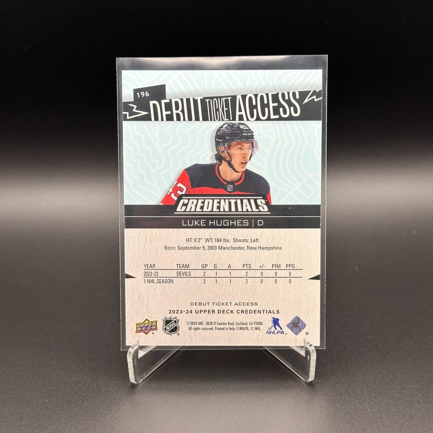 2023-24 UD Credentials LUKE HUGHES #196 Debut Ticket Access Rookie RC /399