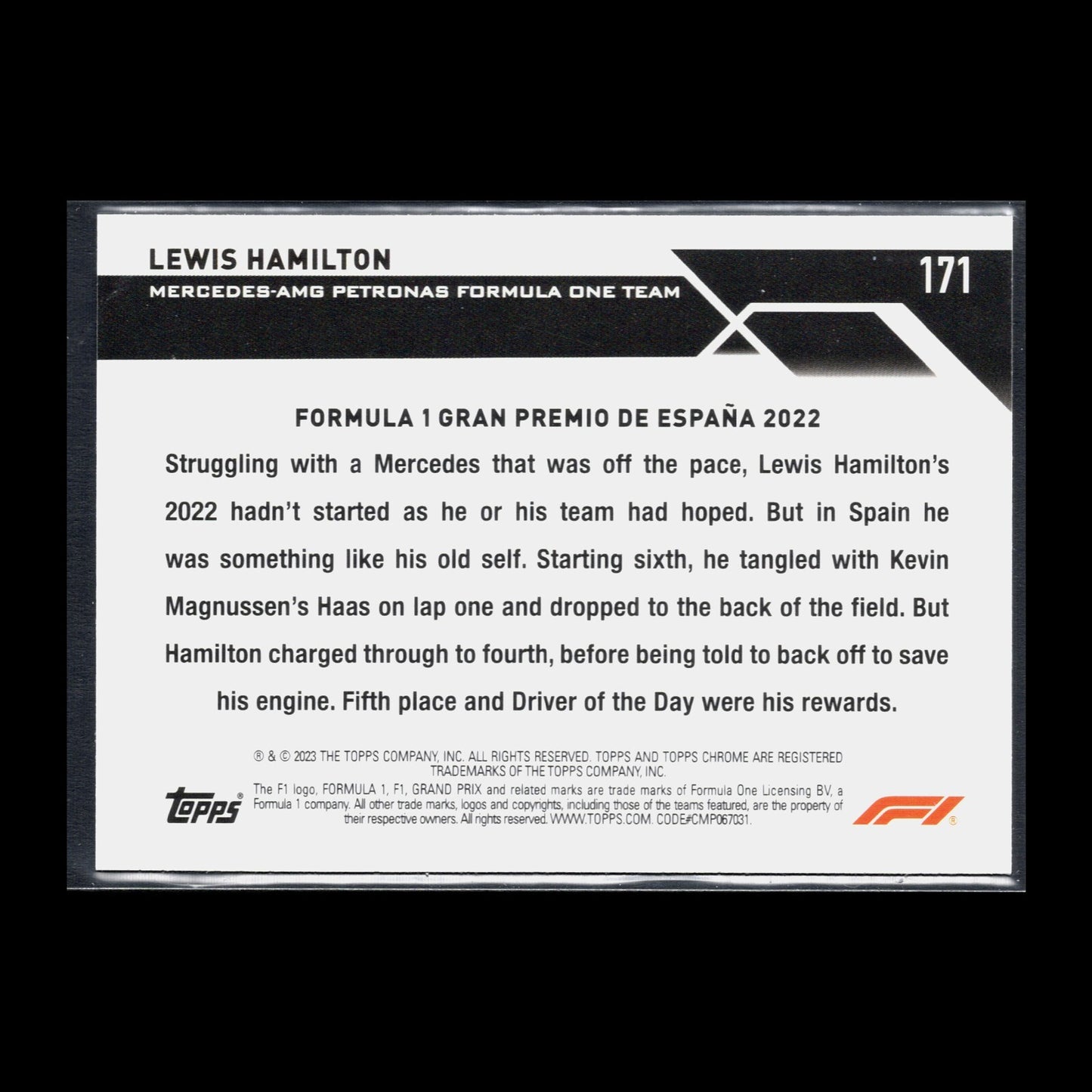 2023 Topps Chrome F1 Formula 1 LEWIS HAMILTON #171 Driver of the day Spain 2022