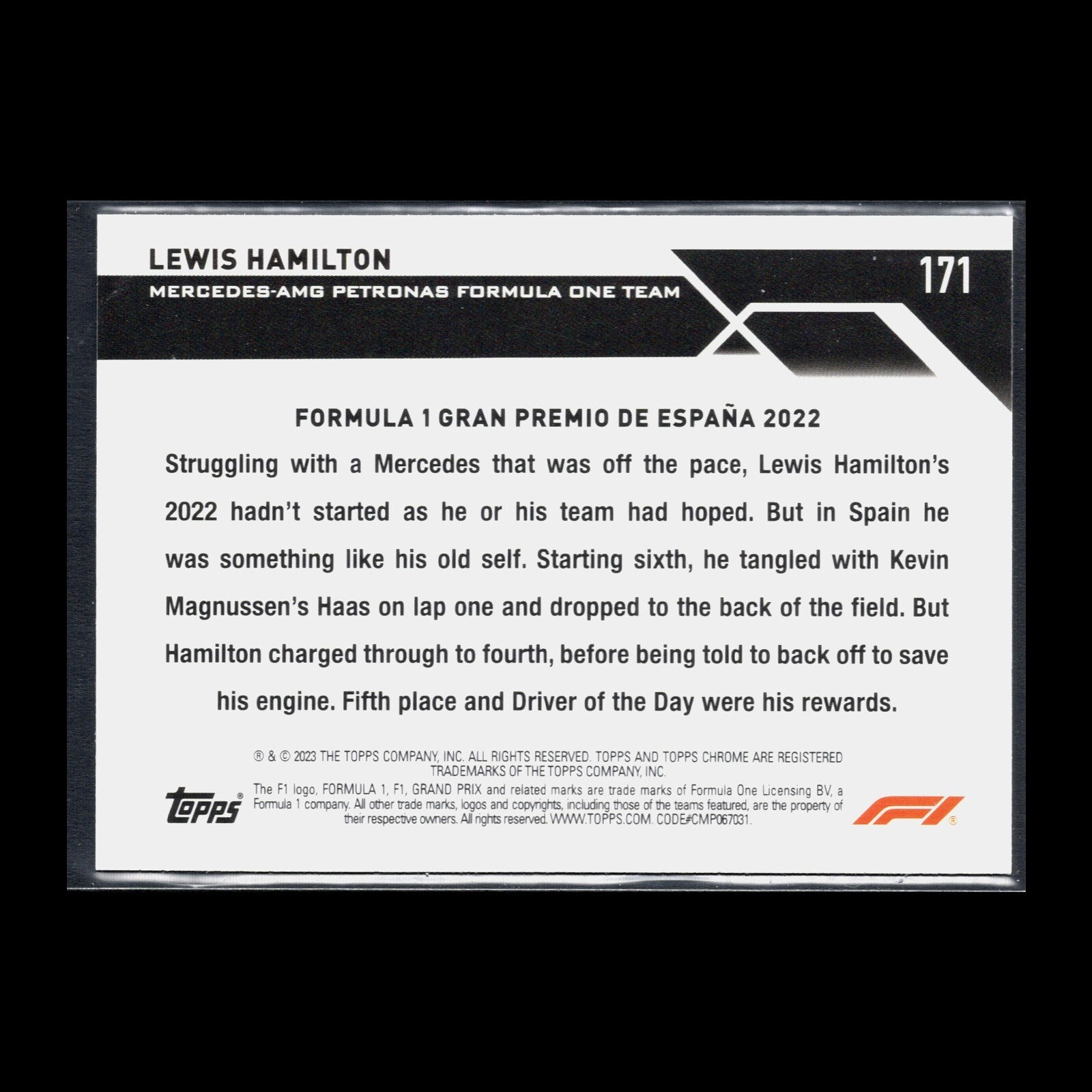 2023 Topps Chrome F1 Formula 1 LEWIS HAMILTON #171 Driver of the day Spain 2022