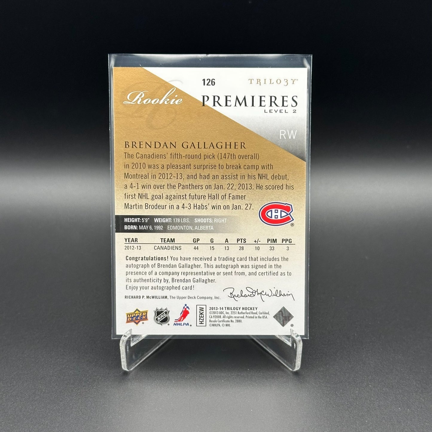 2013-14 UD Trilogy BRENDAN GALLAGHER #126 Rookie premieres Level 2 RC /399 Auto