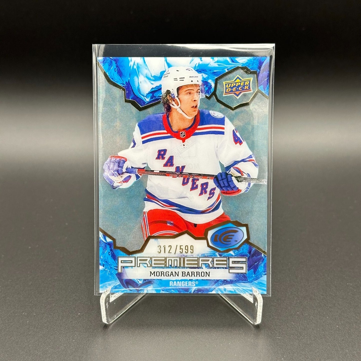 2021-22 UD Ice MORGAN BARRON #189 Ice Premieres Blue Rookie 312/599 - NY Rangers
