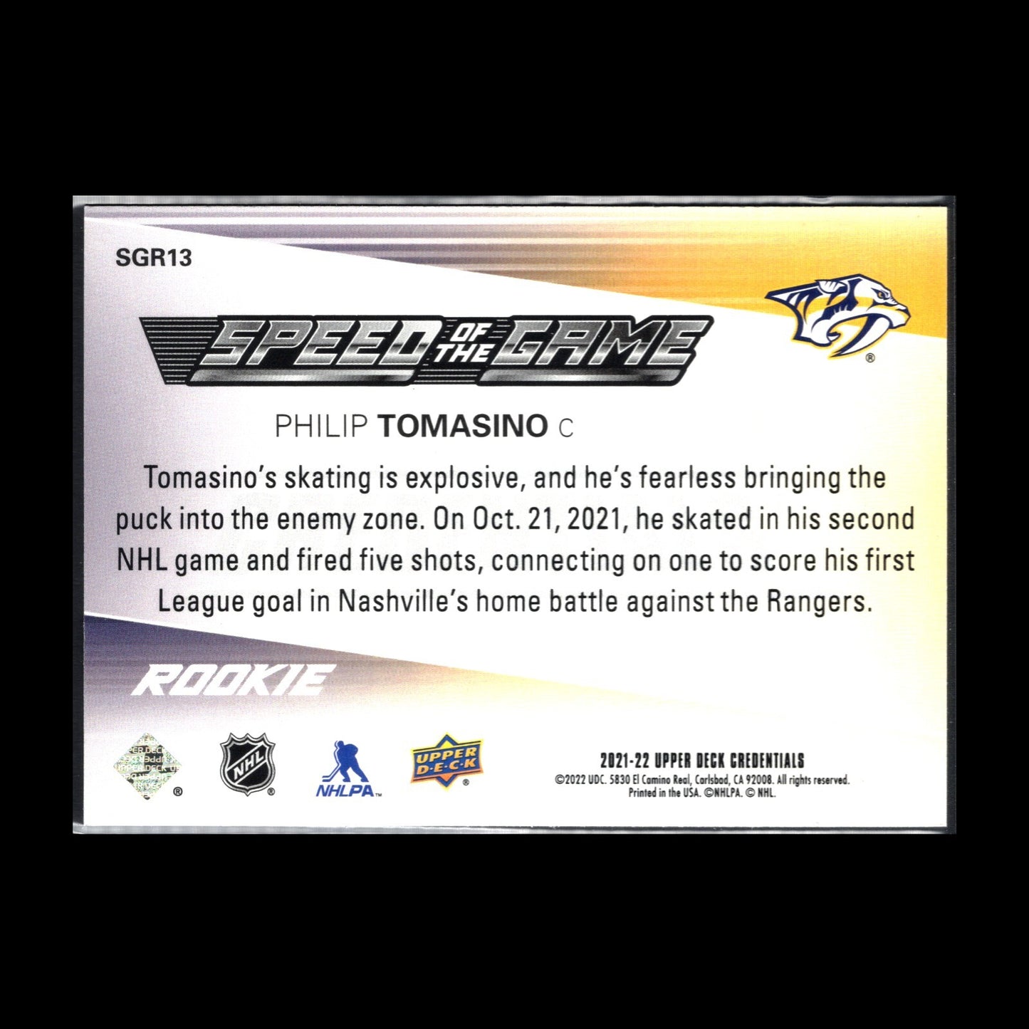 2021-22 UD Credentials PHILIP TOMASINO #SGR13 Speed of the Game RC