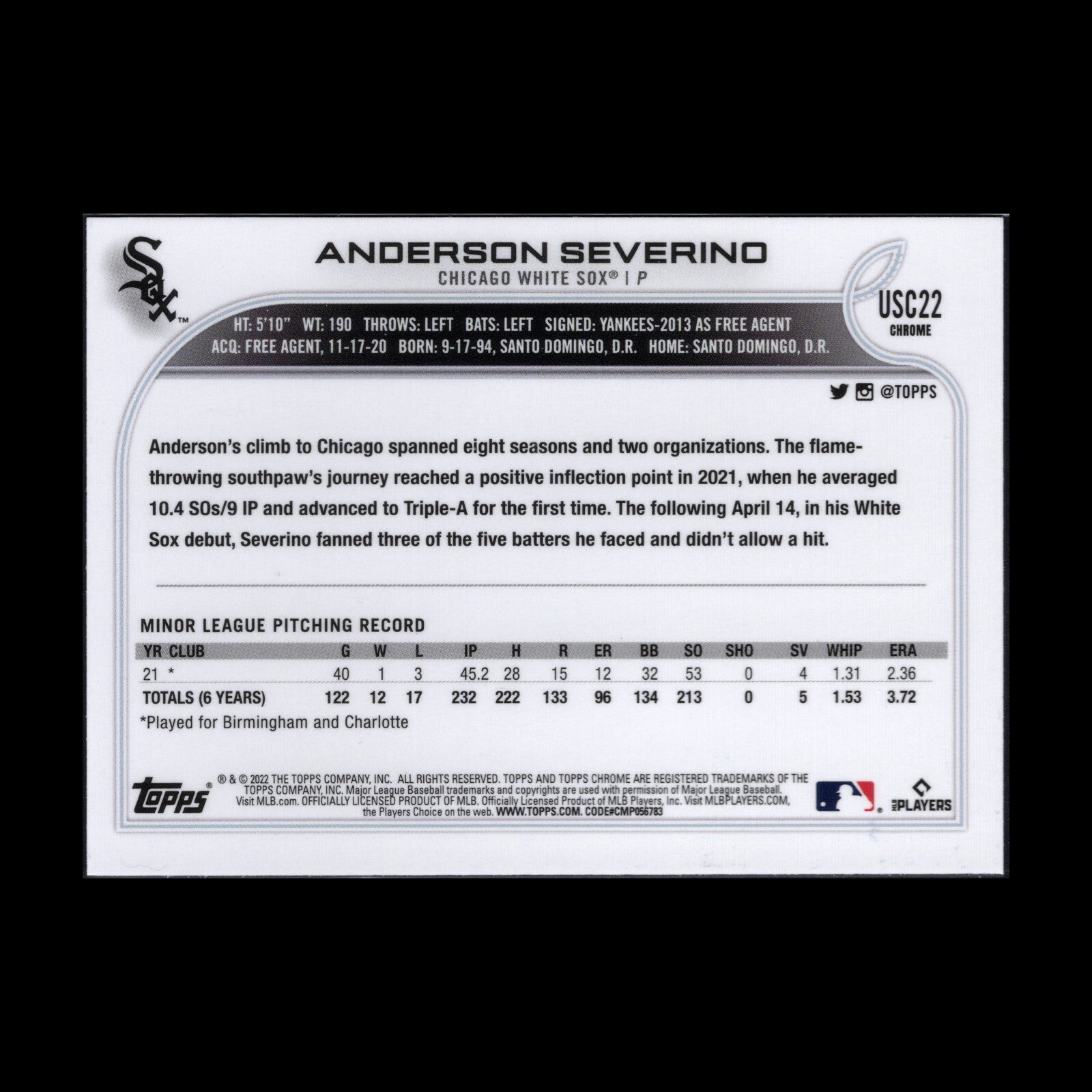2022 Topps Chrome Updated Series ANDERSON SEVERINO #USC22 Purple Border Parallel