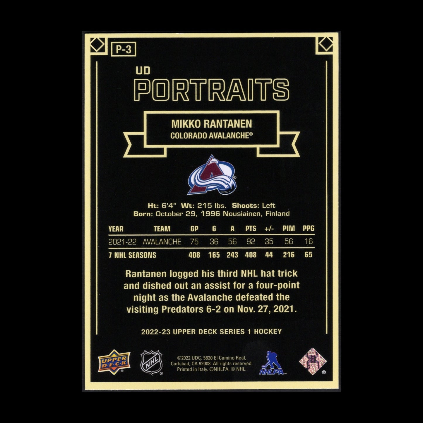 2022-23 UD Series 1 MIKKO RANTANEN #P-3 UD Portraits - Colorado Avalanche