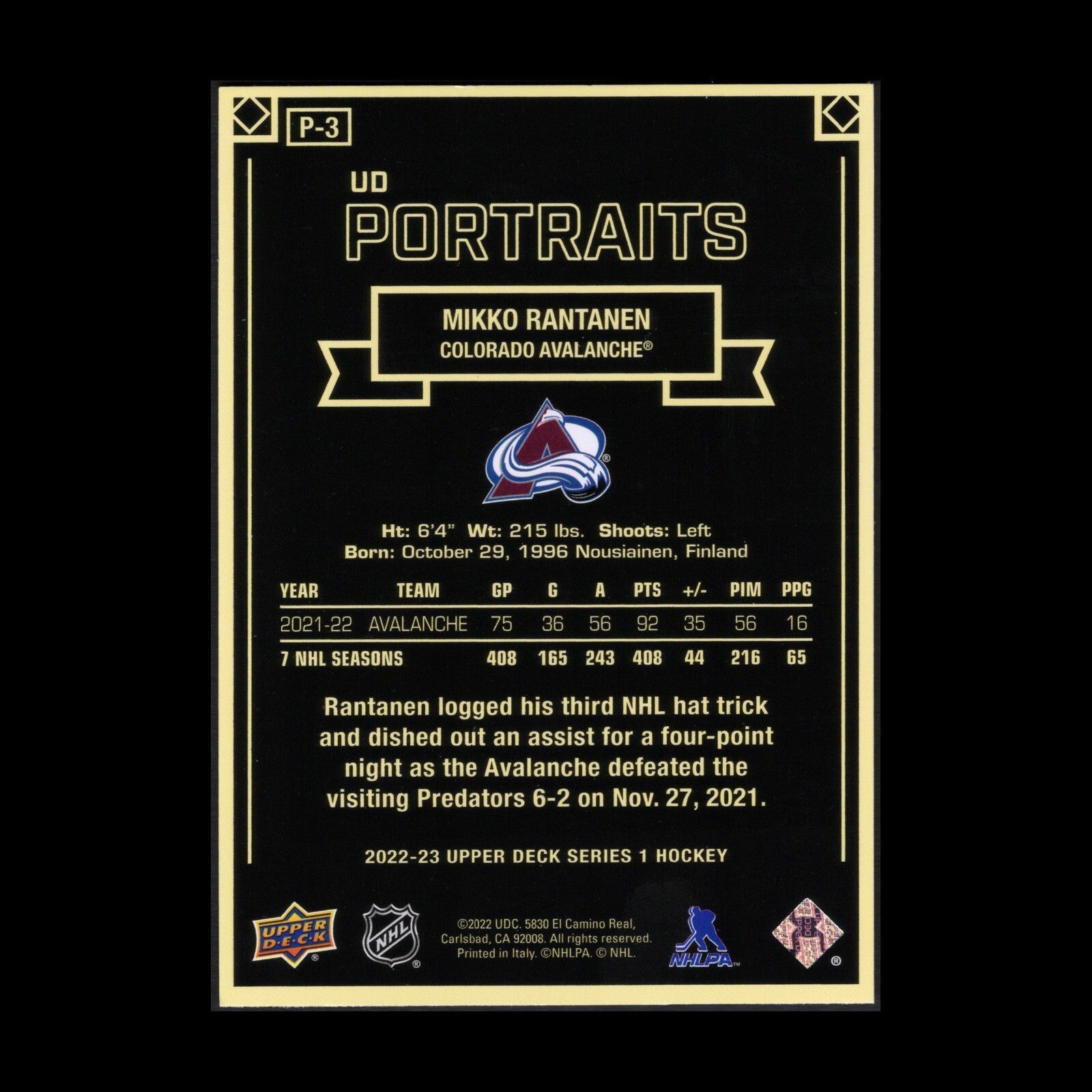 2022-23 UD Series 1 MIKKO RANTANEN #P-3 UD Portraits - Colorado Avalanche
