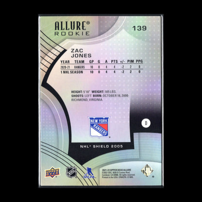 2021-22 UD Allure ZAC JONES #139 NHL Shield 1917 RC - New York Rangers