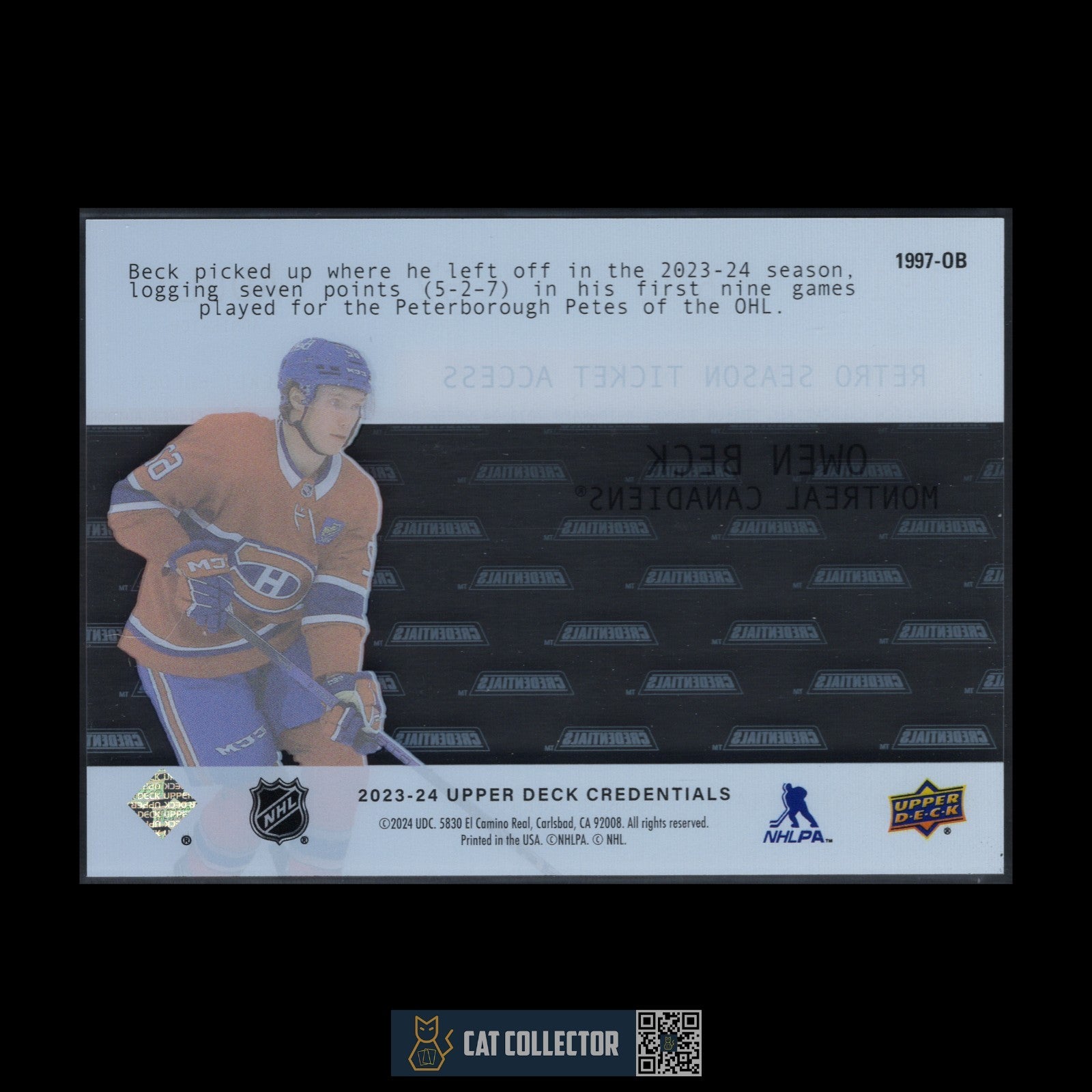 2023-24 UD Credentials OWEN BECK #1997-OB 1997 Season Ticket Acetate RC