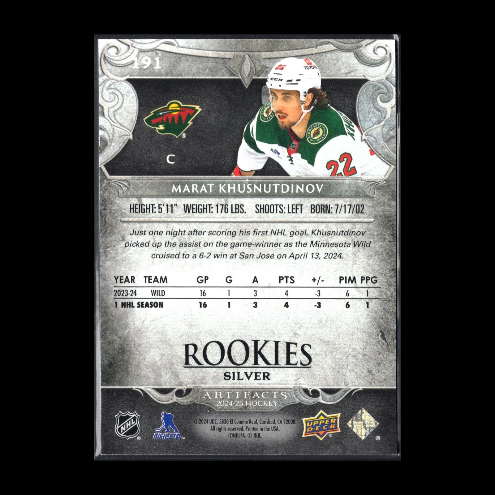 2024-25 UD Artifacts MARAT KHUSNUTDINOV #191 Silver RC /999 - Minnesota Wild