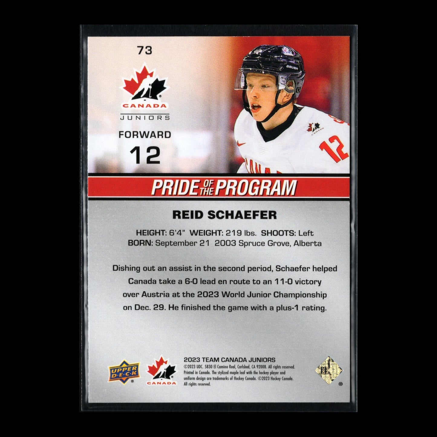 2023 Upper Deck Team Canada Juniors REID SCHAEFER #73 Pride of the program