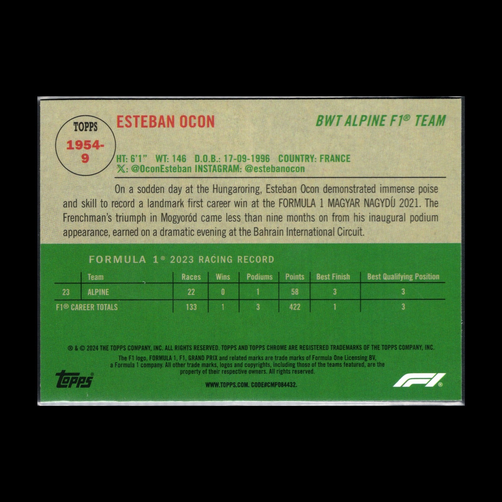 2024 Topps Chrome Formula 1 ESTEBAN OCON #1954-9 F1 1954 Topps Retro