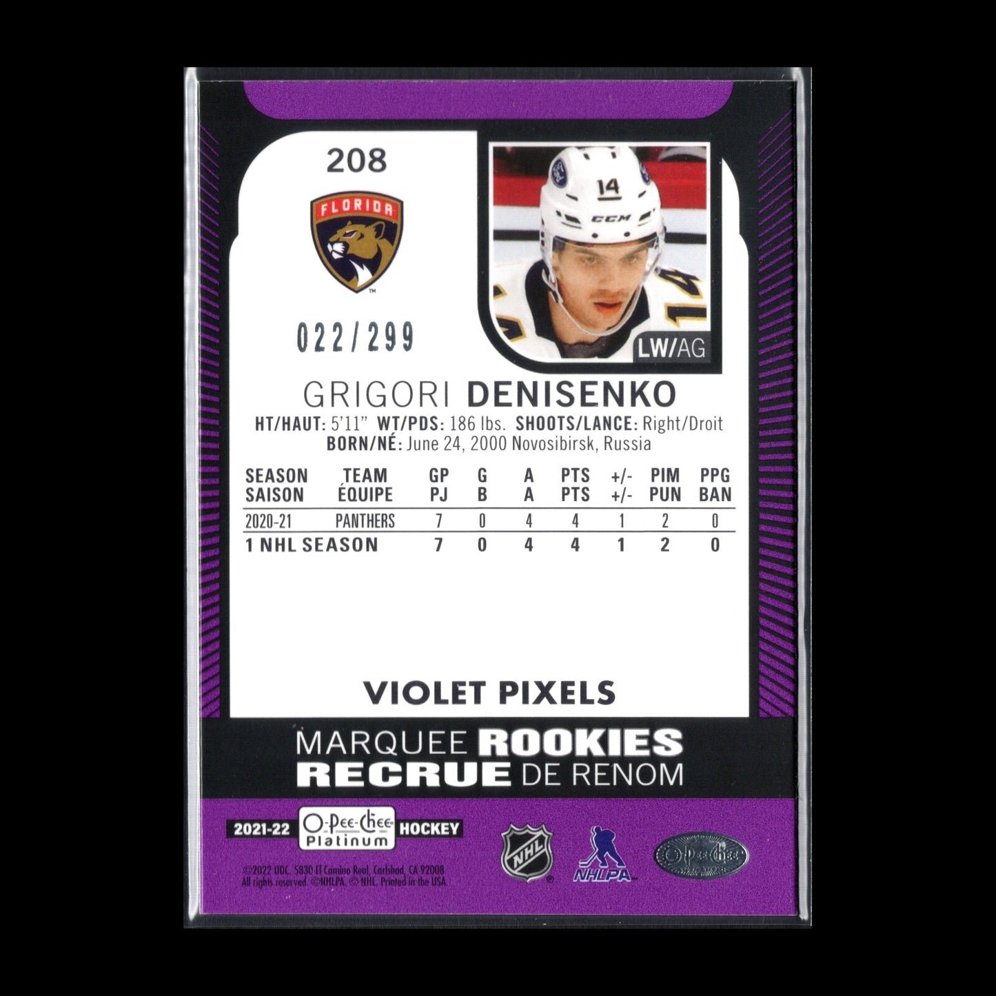 2021-22 OPC Platinum GRIGORI DENISENKO #208 Marquee Rookies Violet Pixels /299
