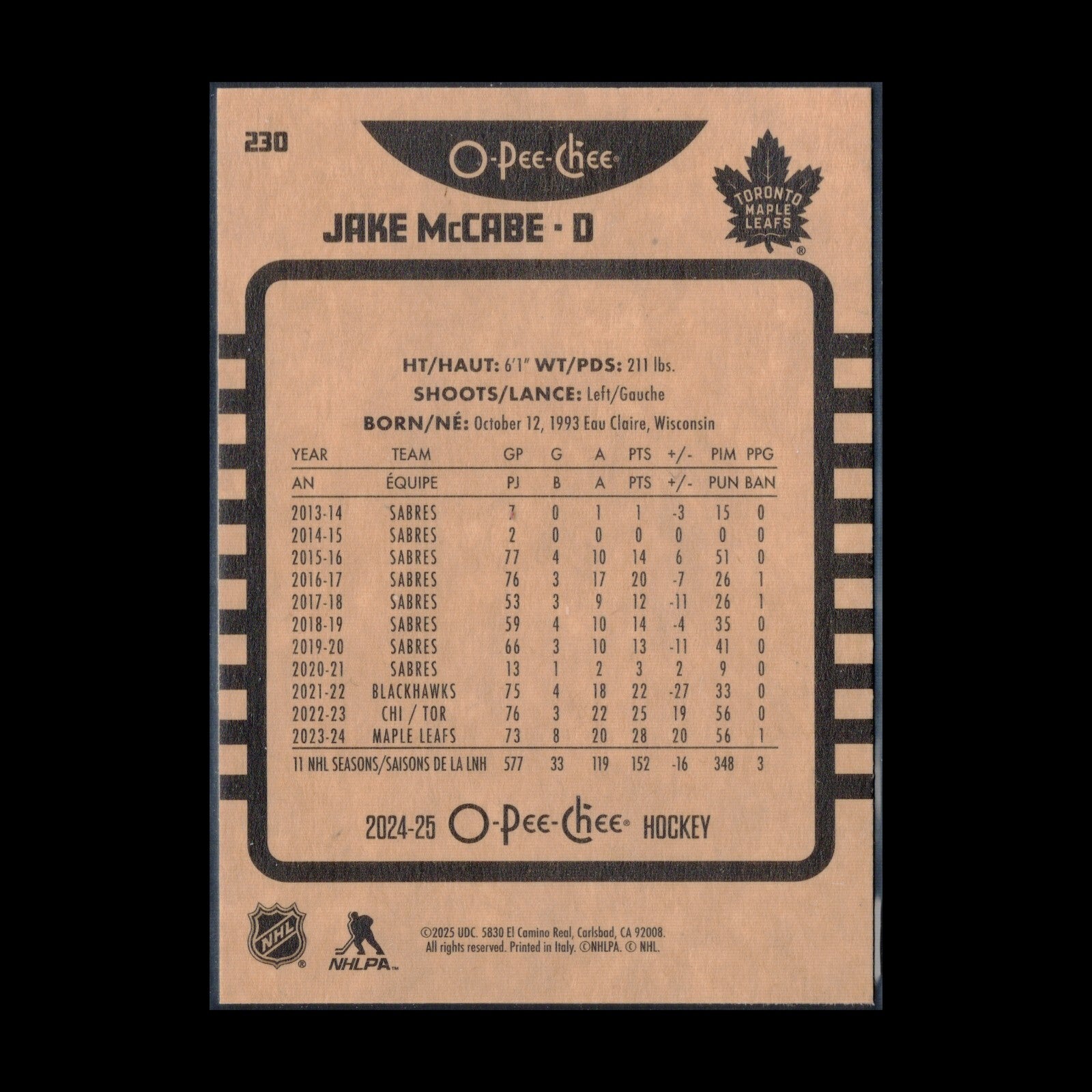 2024-25 O-Pee-Chee JAKE MCCABE #230 Retro - Toronto Maple Leafs