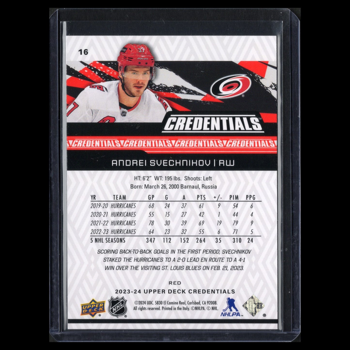 2023-24 UD Credentials ANDREI SVECHNIKOV #16 Red 22/349 - Carolina Hurricanes