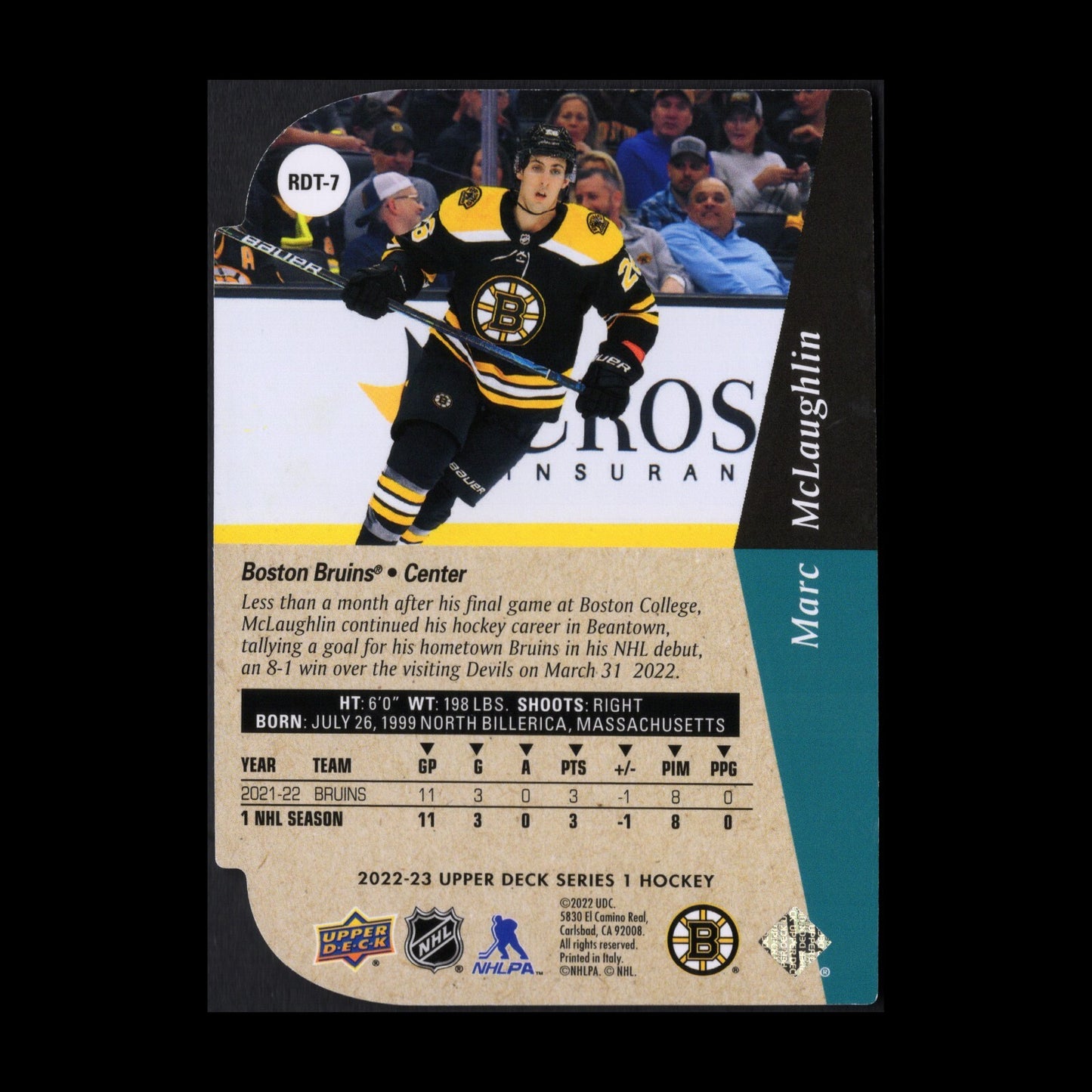 2022-23 UD Series 1 MARC McLAUGHLIN #RDT-7 Rookie Gold Die-cut - Boston Bruins