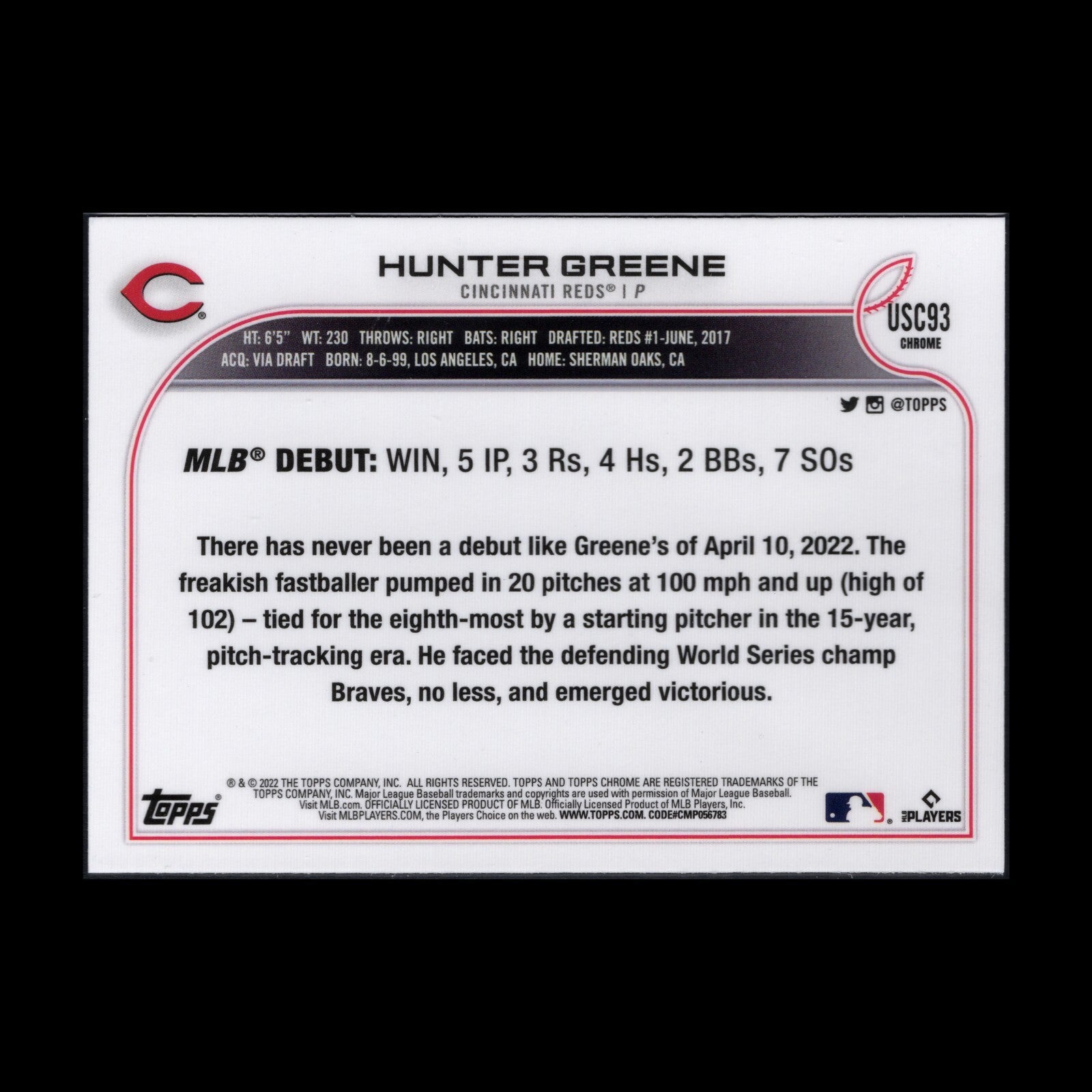 2022 Topps Chrome Updated Series HUNTER GREENE #USC93 Rookie Debut RC