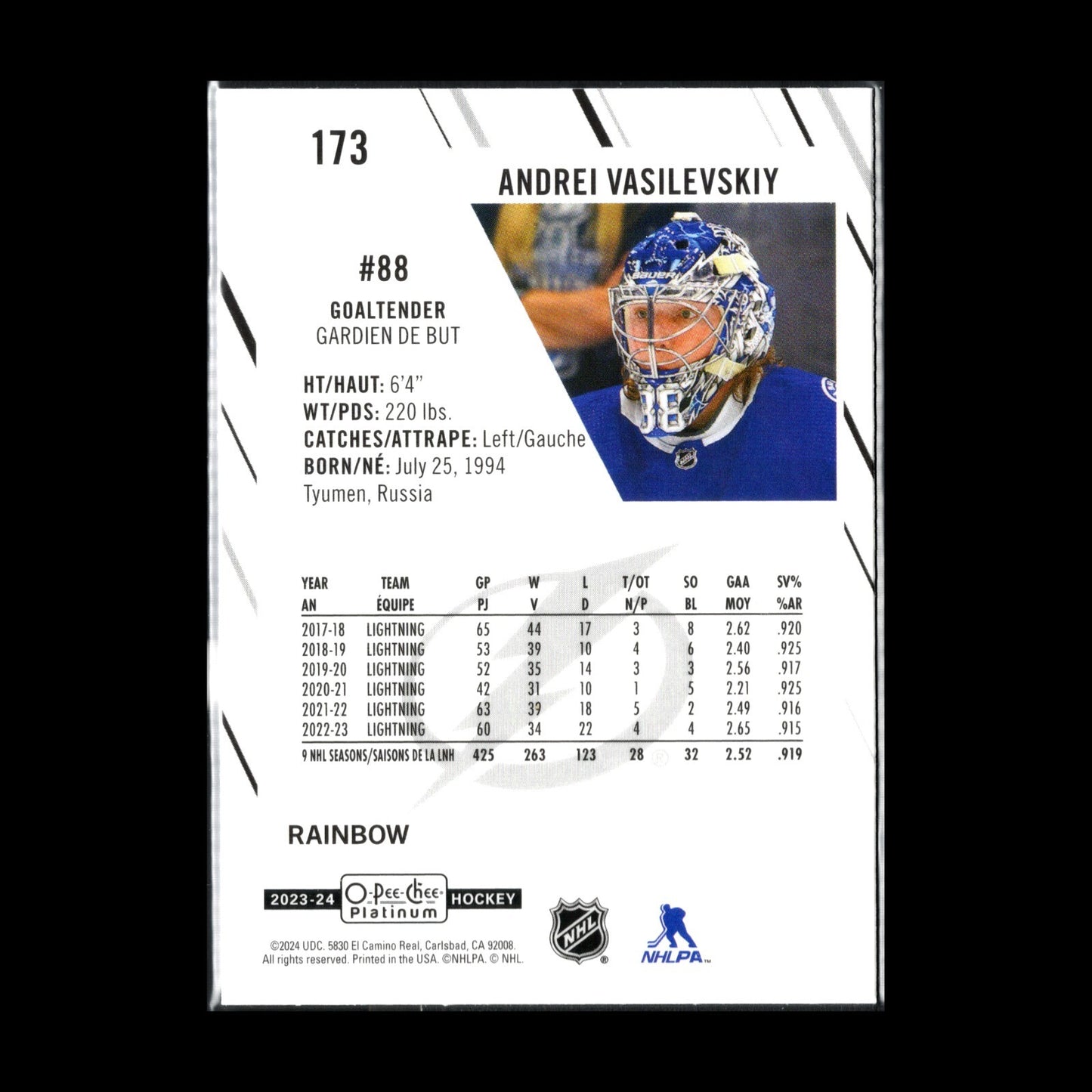 2023-24 O-Pee-Chee Platinum ANDREI VASILEVSKI #173 Rainbow - Tampa Bay Lightning