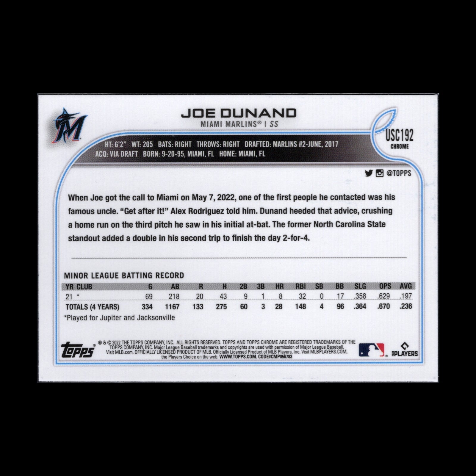 2022 Topps Chrome Updated Series JOE DUNAND #USC192 Purple Border Parallel