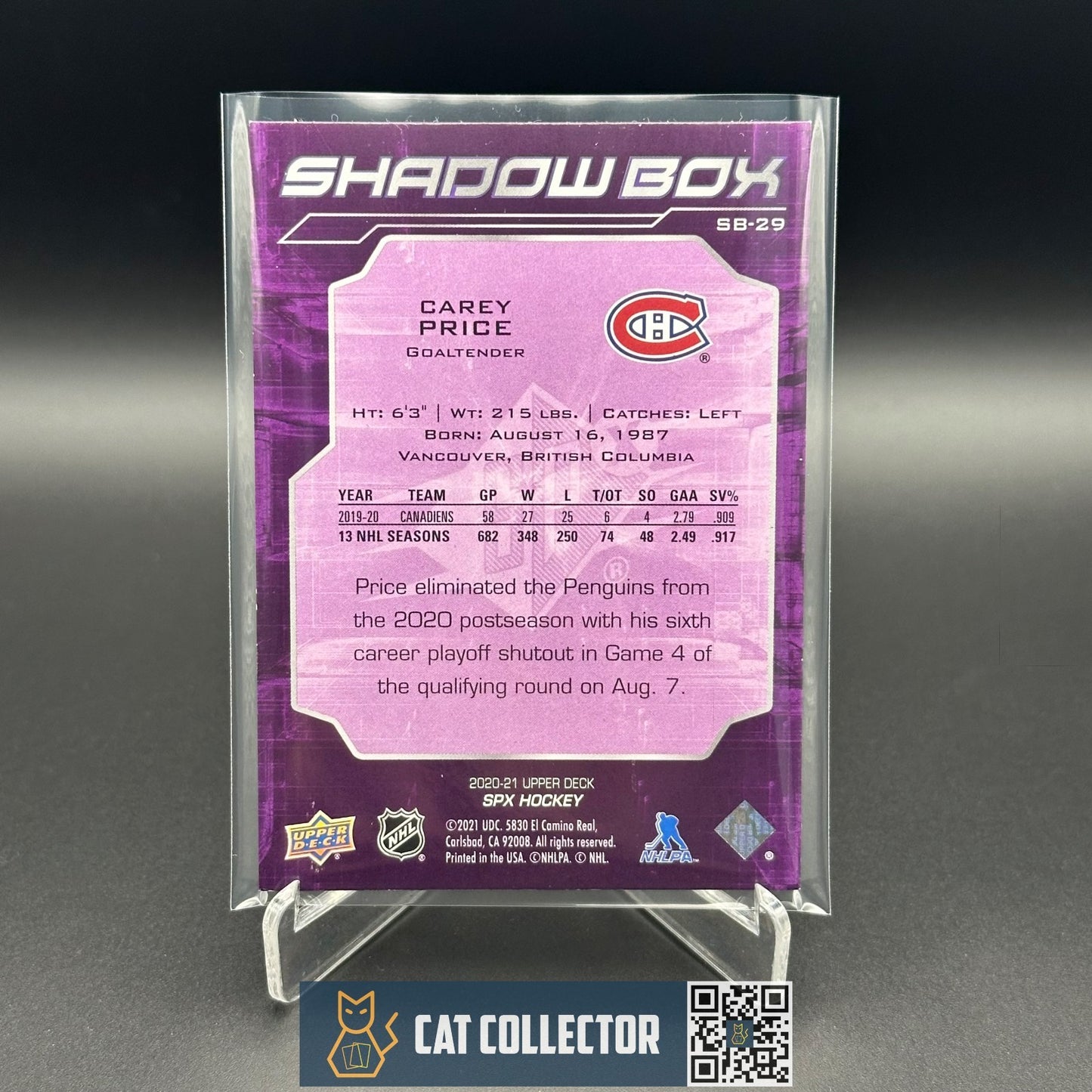 2020-21 Upper Deck SPx CAREY PRICE #SB-29 Shadow Box Montreal Canadiens