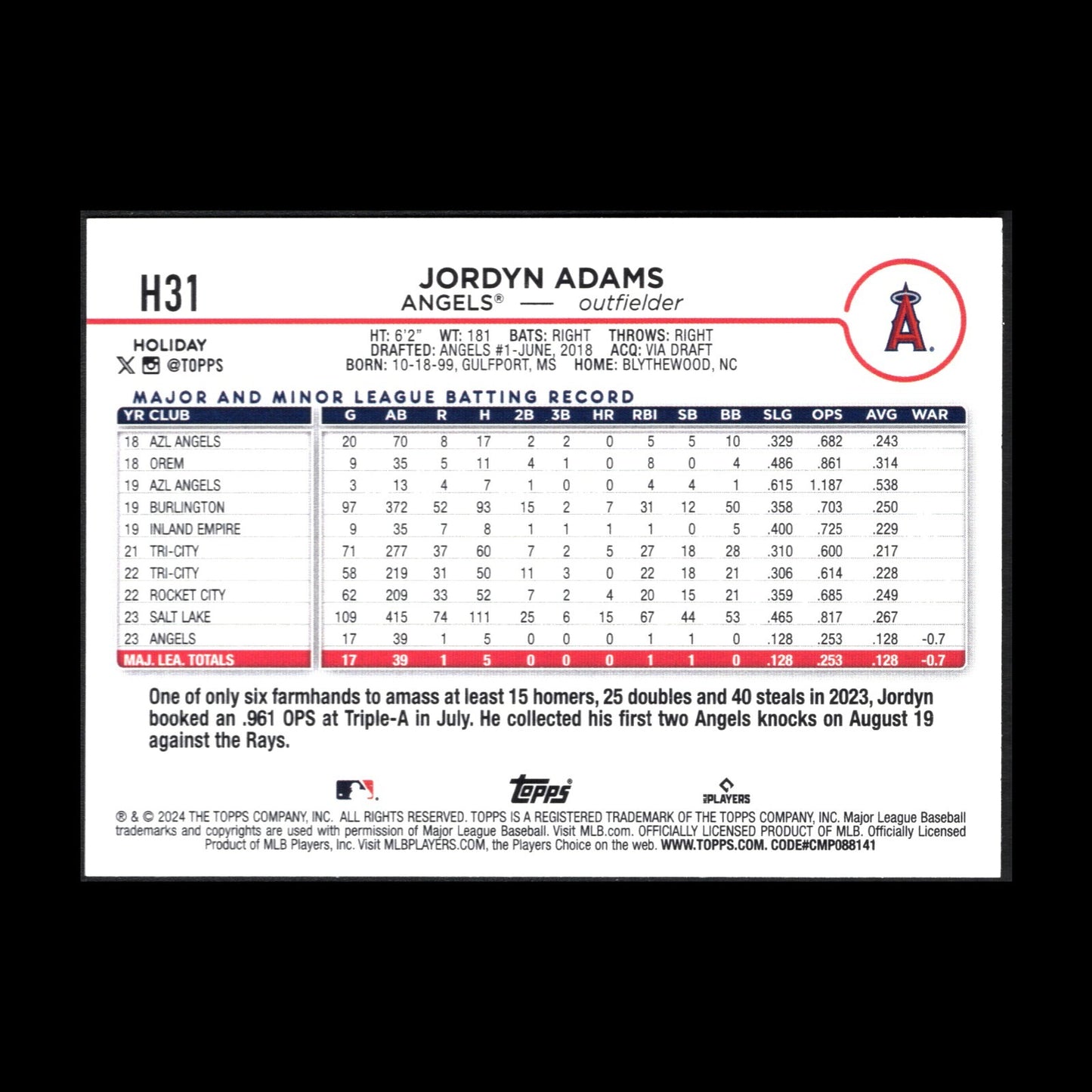 2024 Topps Holiday JORDYN ADAMS #H31 RC - Los Angeles Angels