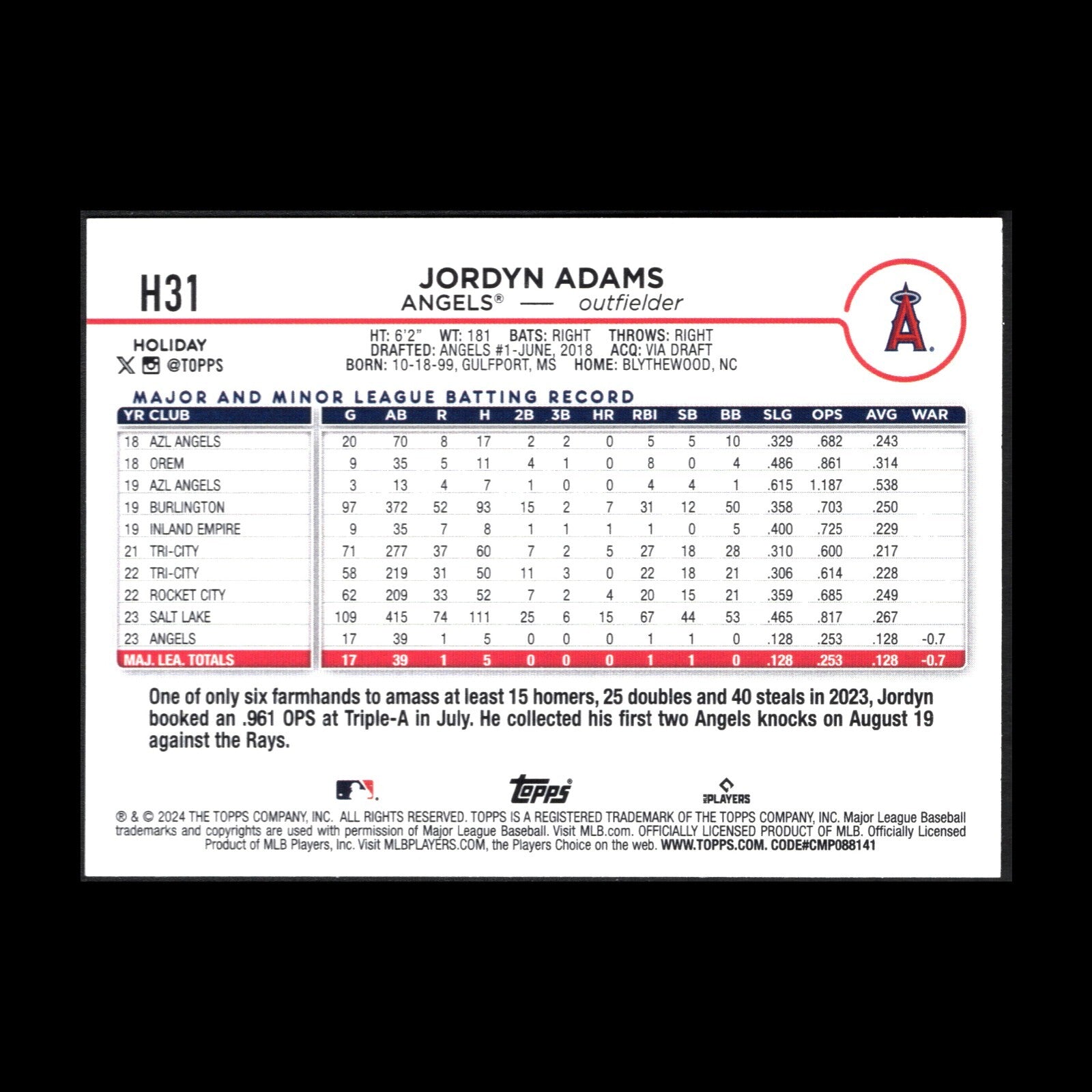 2024 Topps Holiday JORDYN ADAMS #H31 RC - Los Angeles Angels