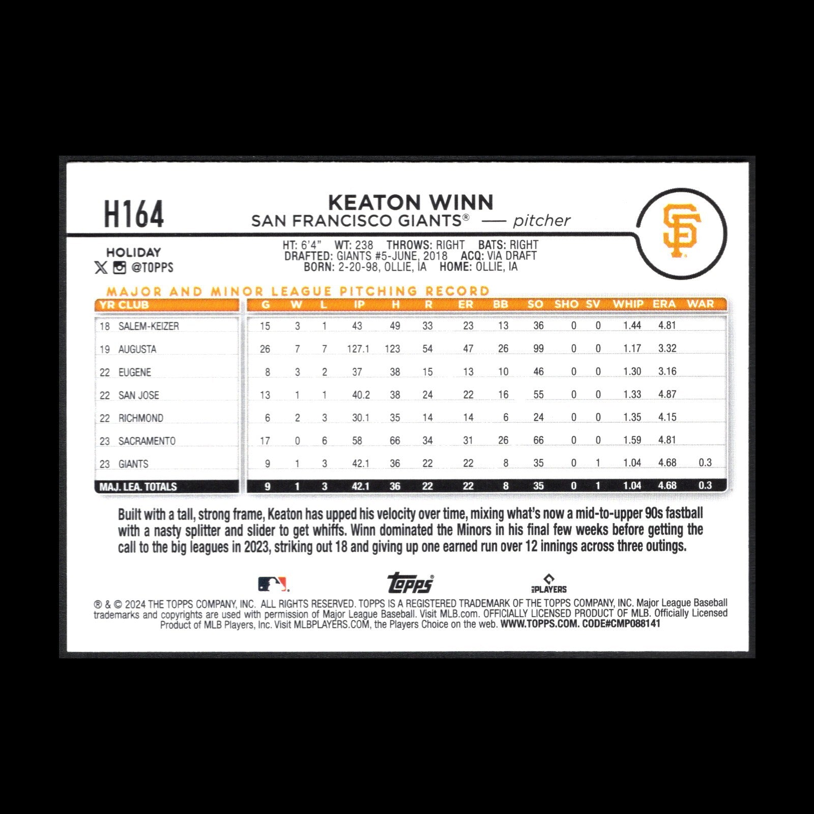 2024 Topps Holiday KEATON WINN #H164 RC - San Francisco Giants