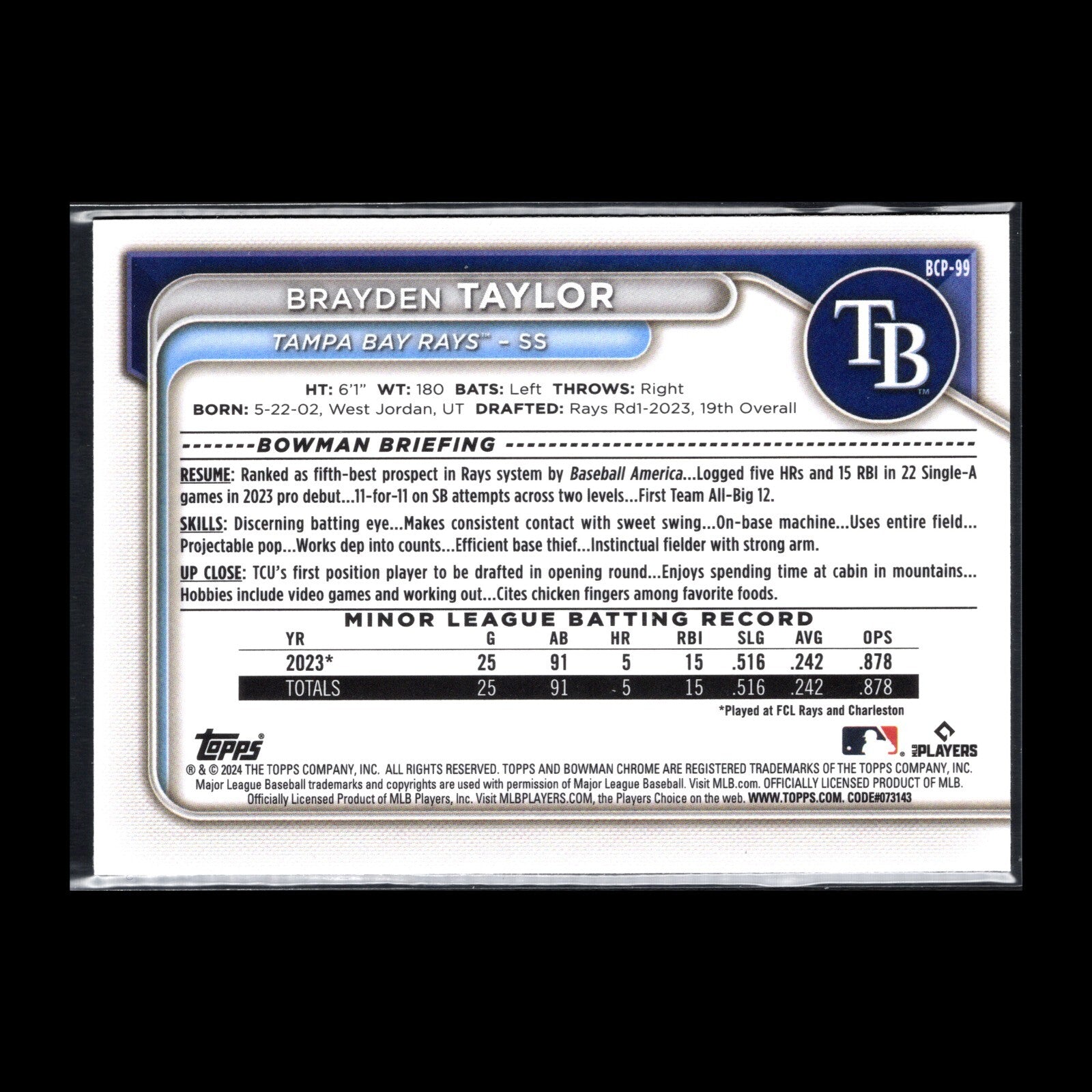 2024 Topps Chrome Bowman BRAYDEN TAYLOR #BCP-99 Prospect RC - Tampa Bay Rays