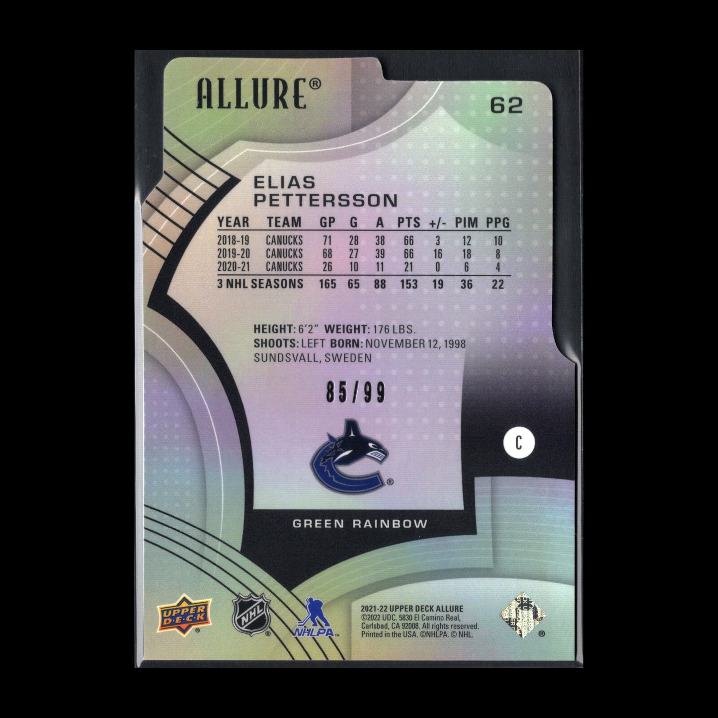 2021-22 UD Allure ELIAS PETTERSON #62 Green rainbow Die-Cut /99
