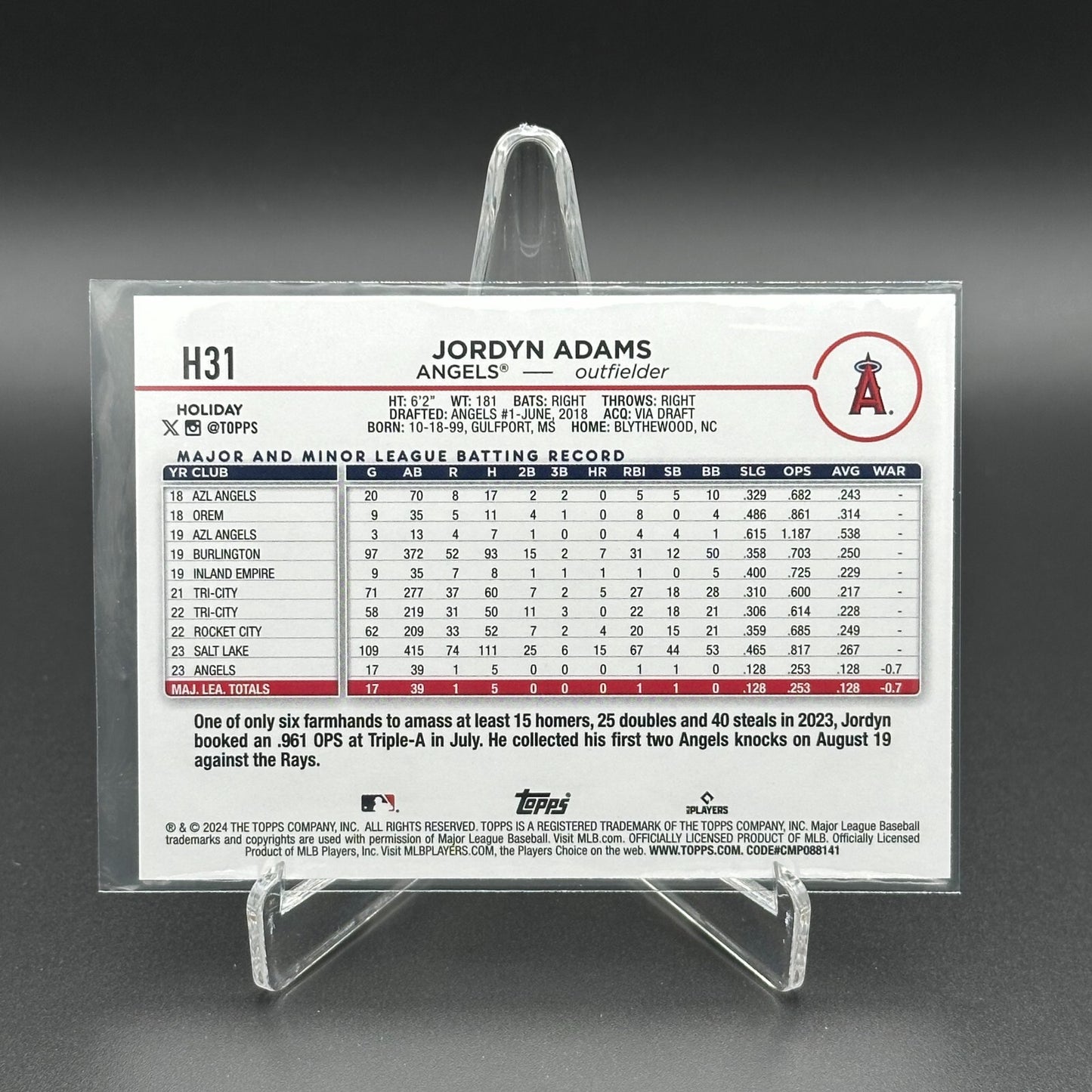 2024 Topps Holiday JORDYN ADAMS #H31 RC - Los Angeles Angels