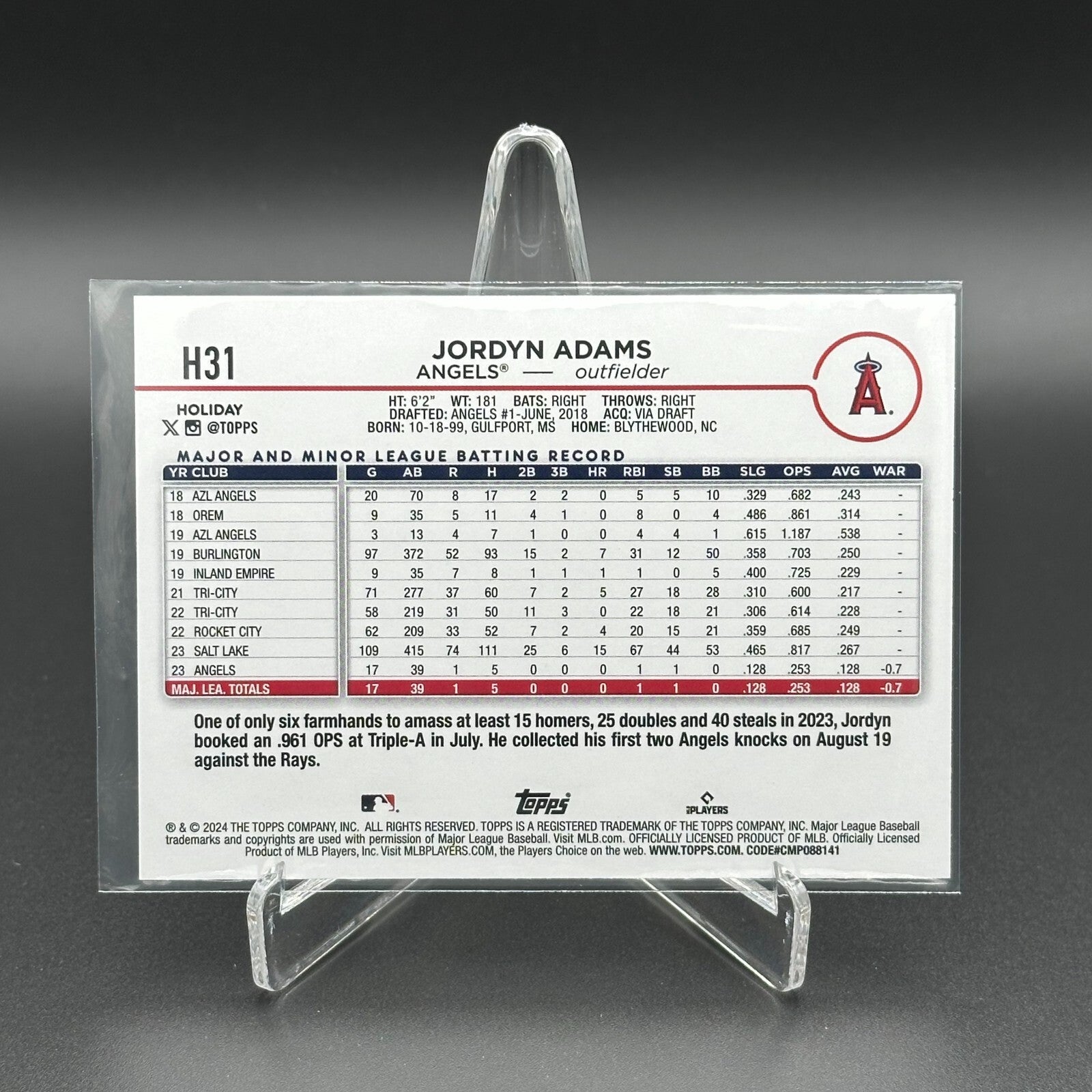 2024 Topps Holiday JORDYN ADAMS #H31 RC - Los Angeles Angels