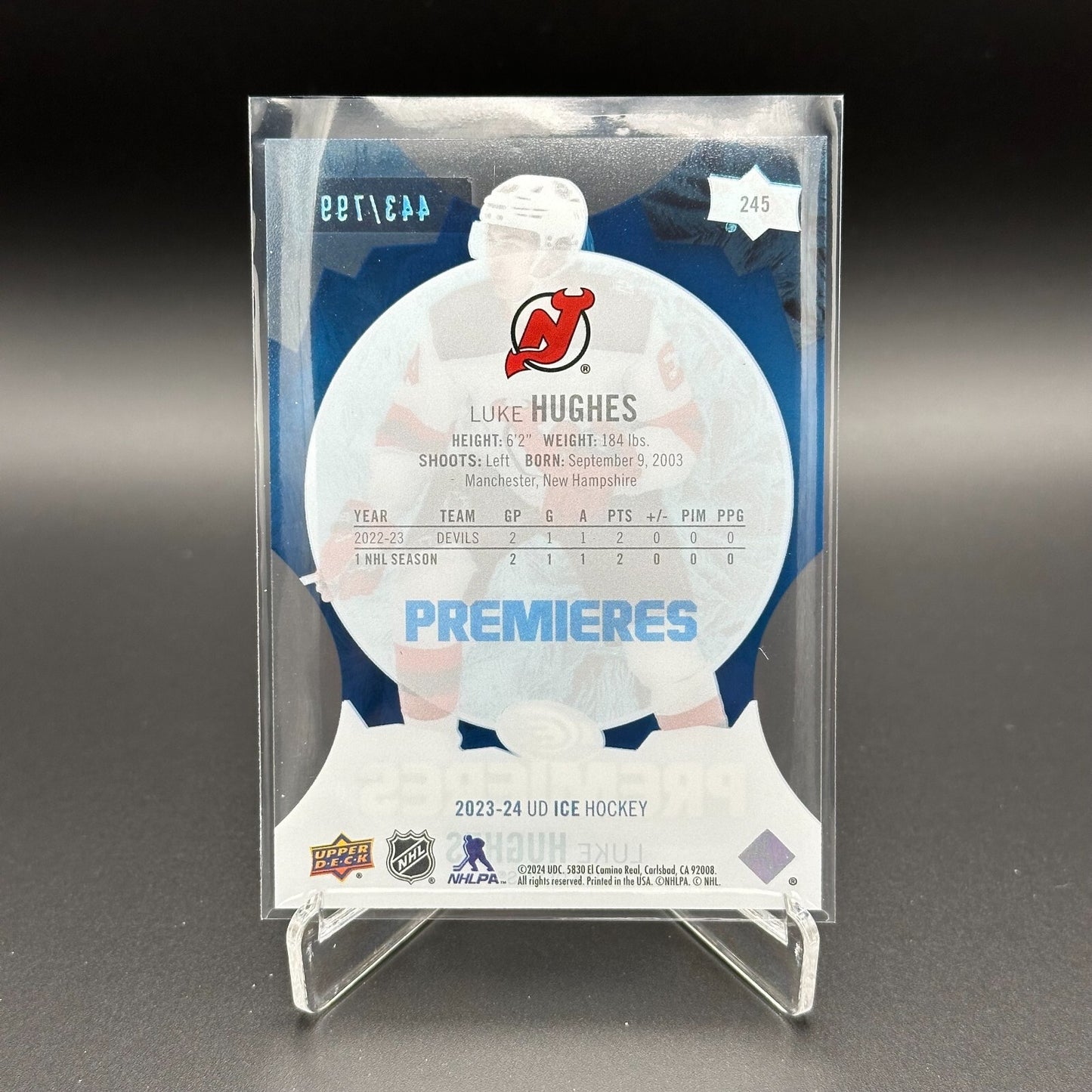 2023-24 UD Ice LUKE HUGHES #245 Ice Premieres Blue Parallel RC 443/799