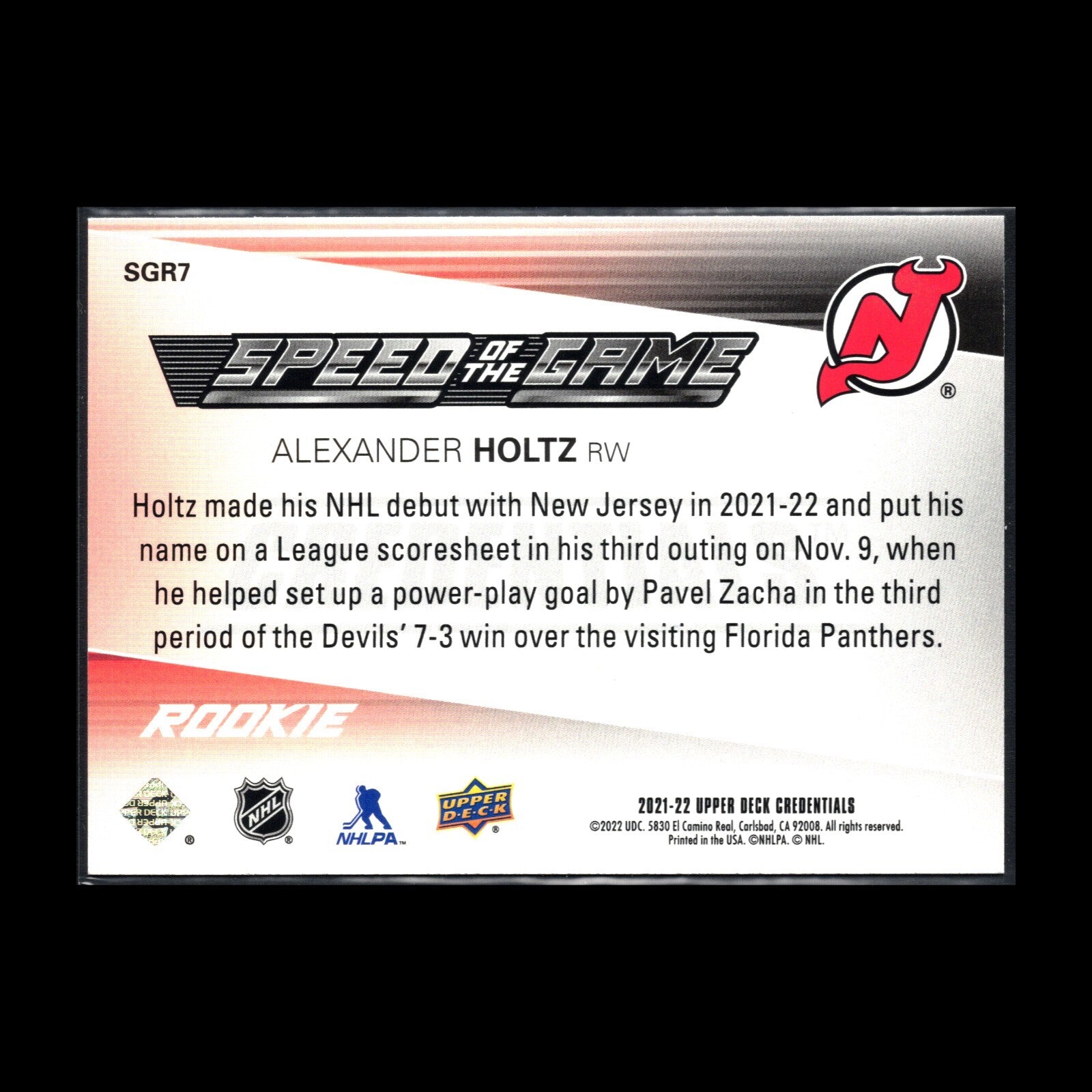 2021-22 UD Credentials ALEXANDER HOLTZ #SGR7 Speed of the Game RC