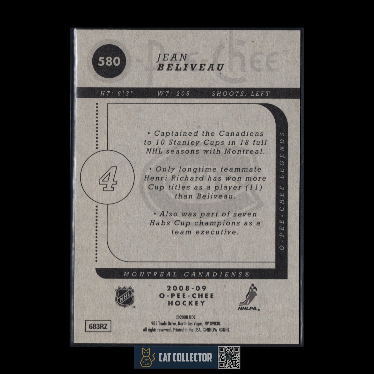 2008-09 O-Pee-Chee Hockey JEAN BELIVEAU #580 Legends
