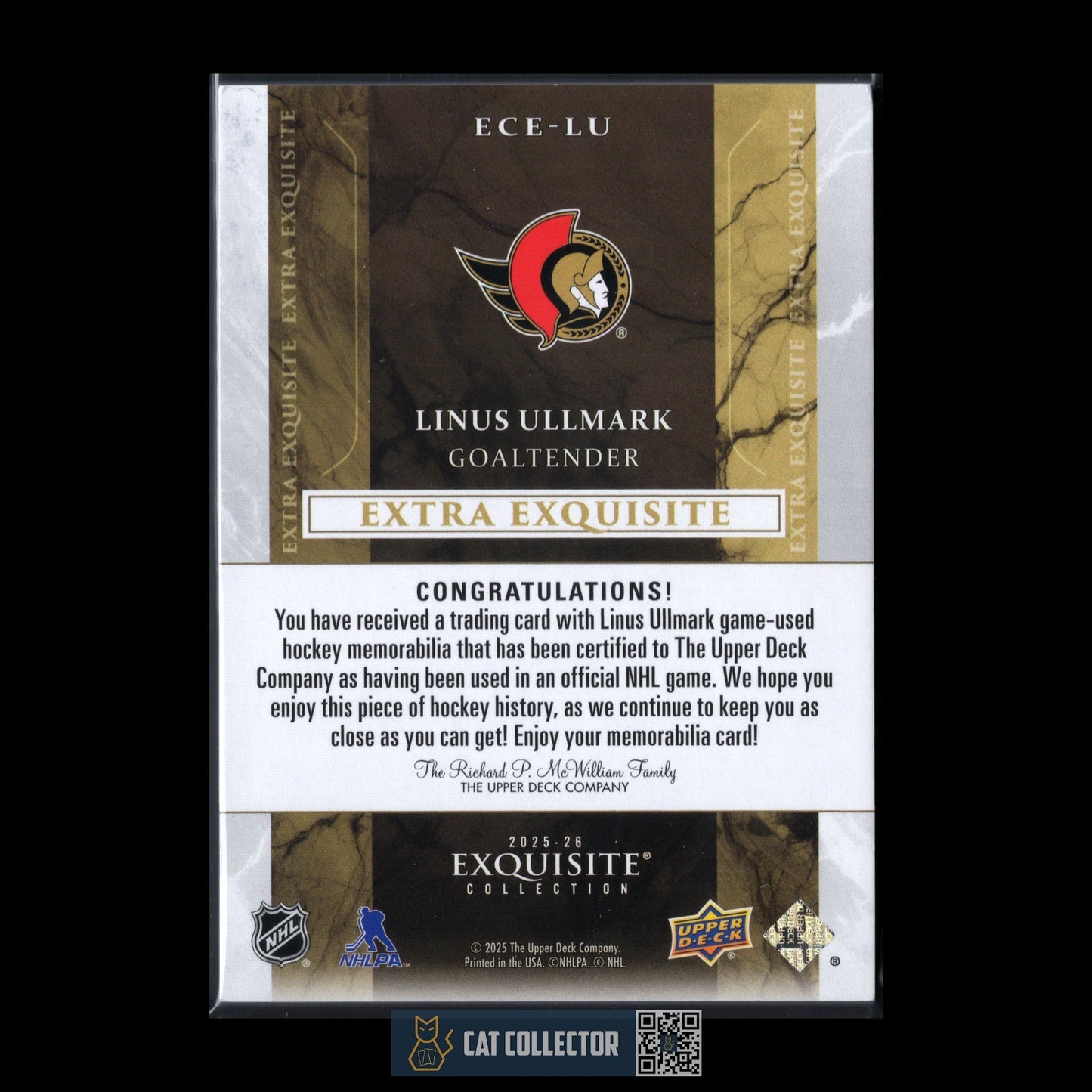 2025-26 UD Exquisite Collection LINUS ULLMARK #ECE-LU Extra Exquisite /99 Jersey